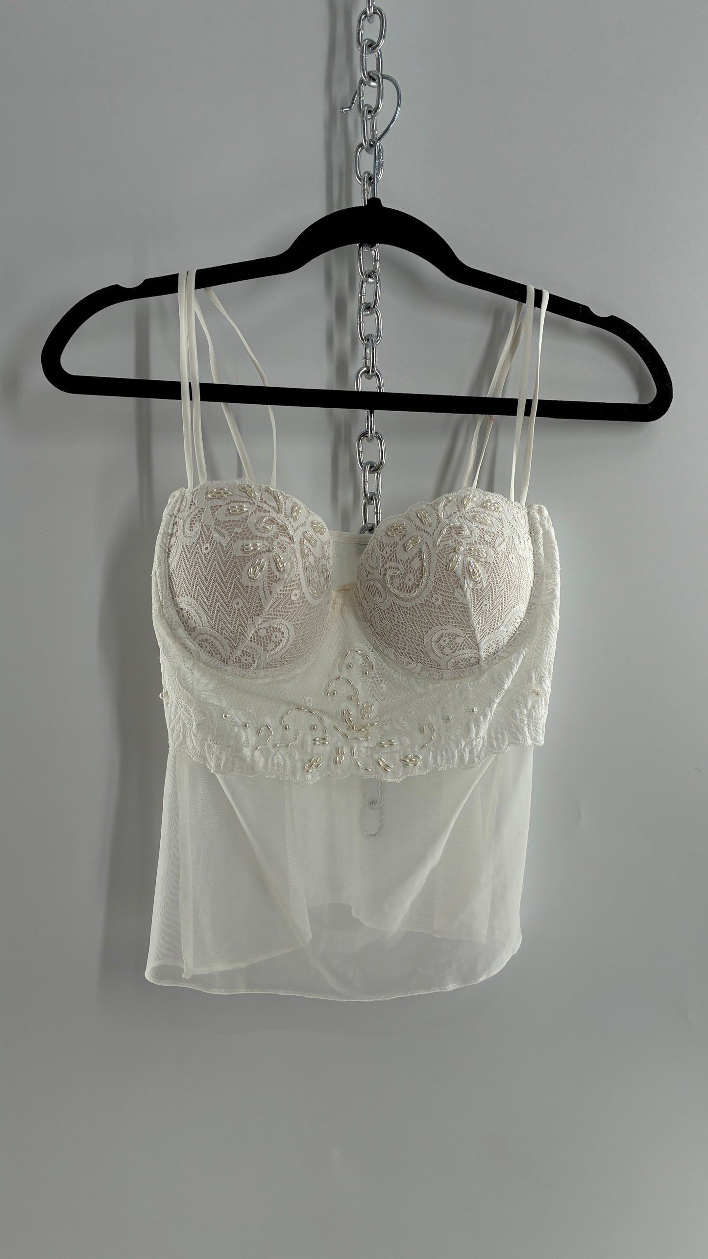 Vintage LA FRESCA White Lace Bustier Babydoll with Mesh Bodice and Beaded Cups/Band (Large)