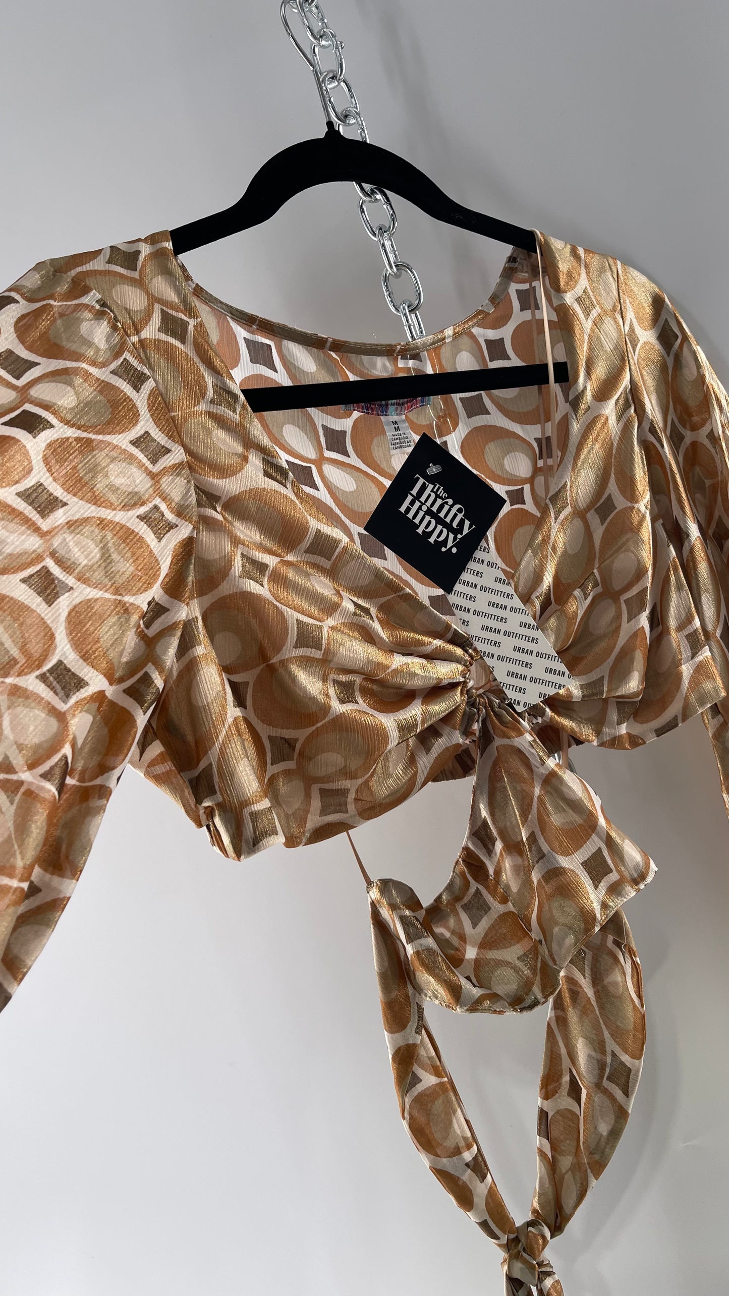 Urban Outfitters Shimmer Top Balloon Sleeve Gold Retro Print Cut Out Tie Around Blouse (Medium)