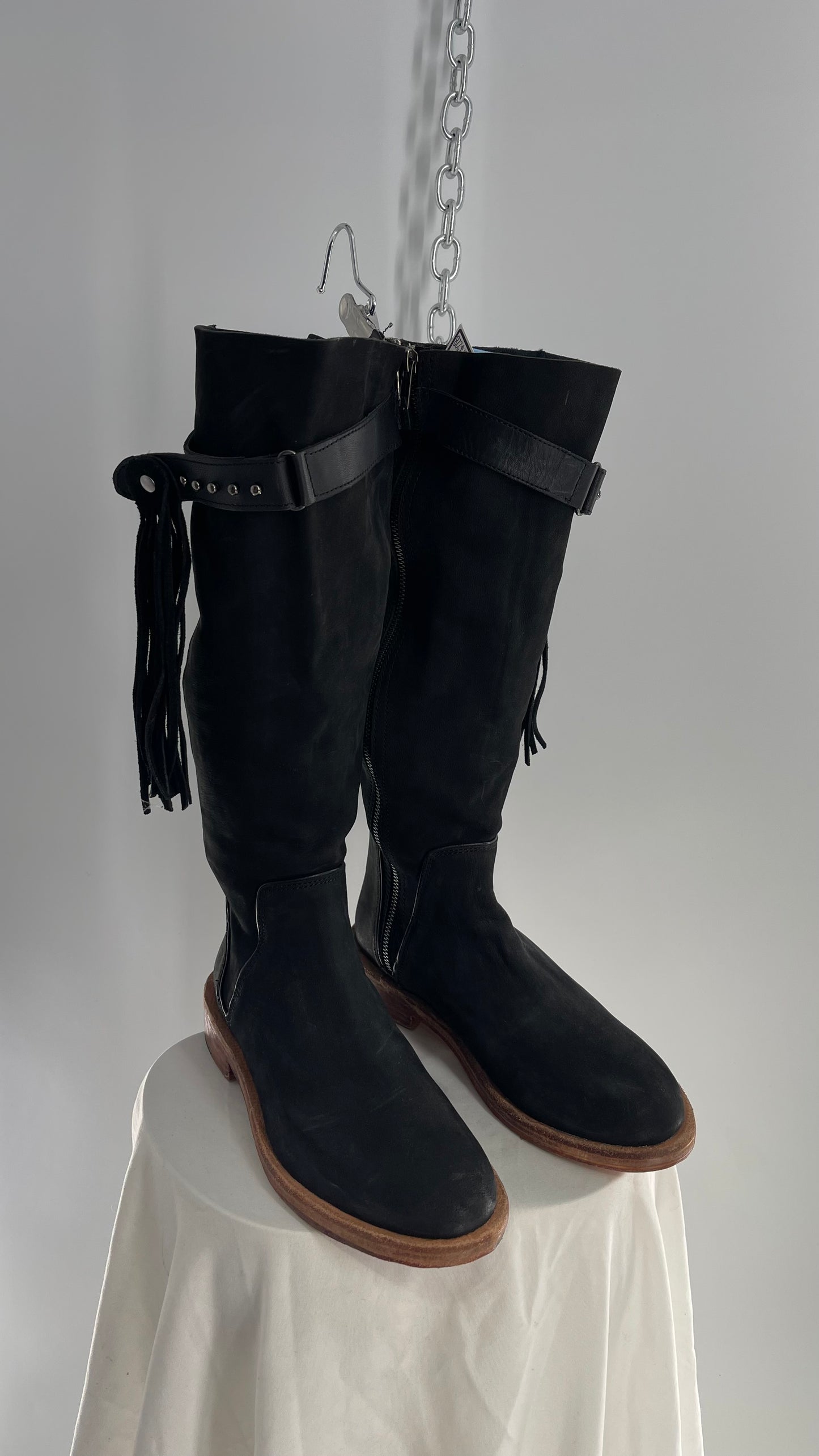 Free People Sayre Banks Slouchy Black Suede Leather Knee High Tassel Side Buckle Boot (38)