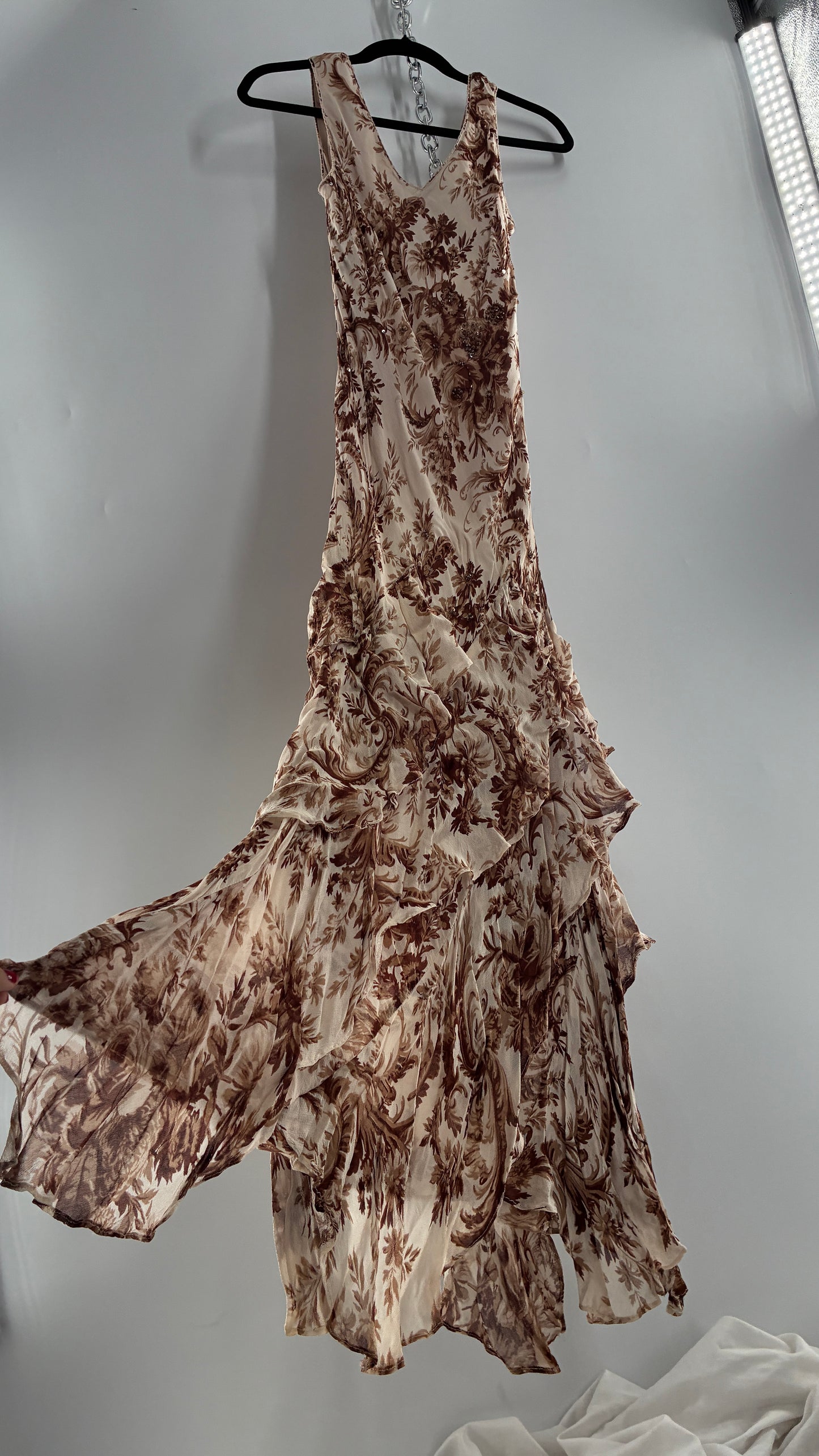 Vintage MAJICK 1990s Brown Floral, Asymmetric Ruffled Hem Gown with Embroidered Sequin Details (Medium)