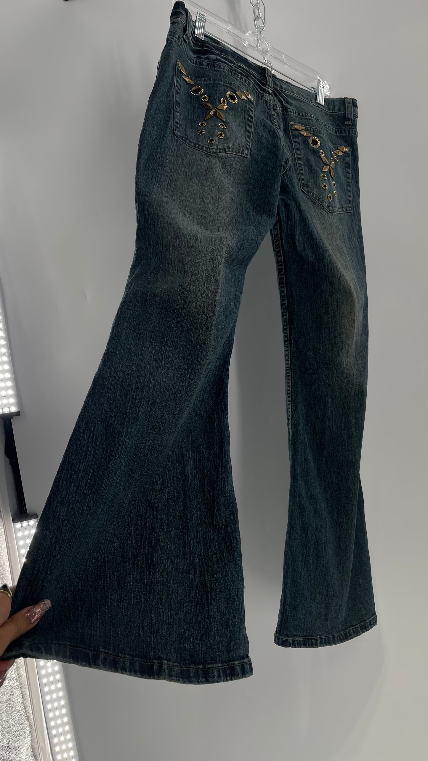 Vintage Blue Pointe Kickflare Medium Wash Jeans with Gold Rhinestone Metal Jewels (13)