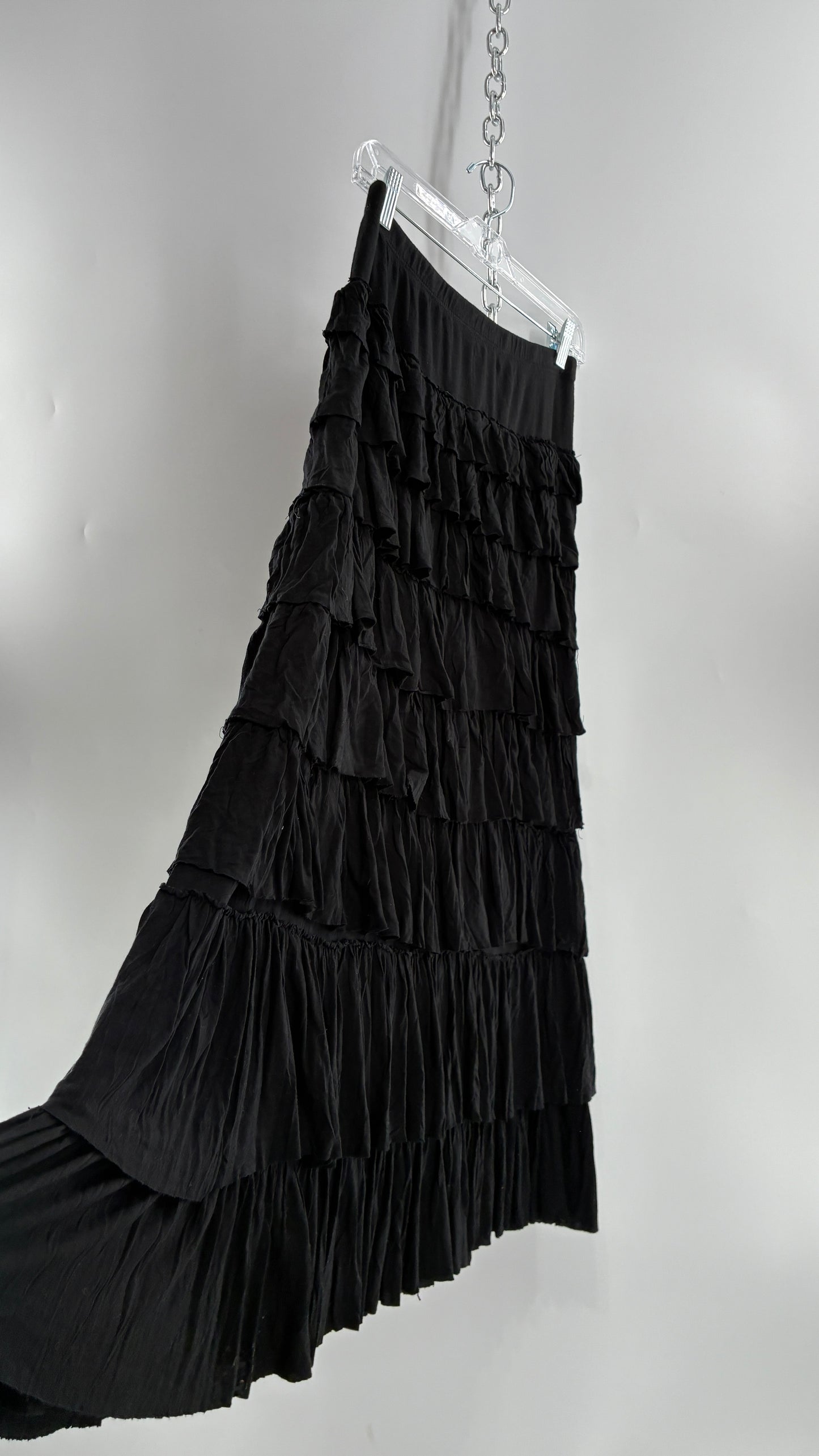 Vintage Black Ruffled 100% Viscose Ruffled Maxi Skirt (PSmall)