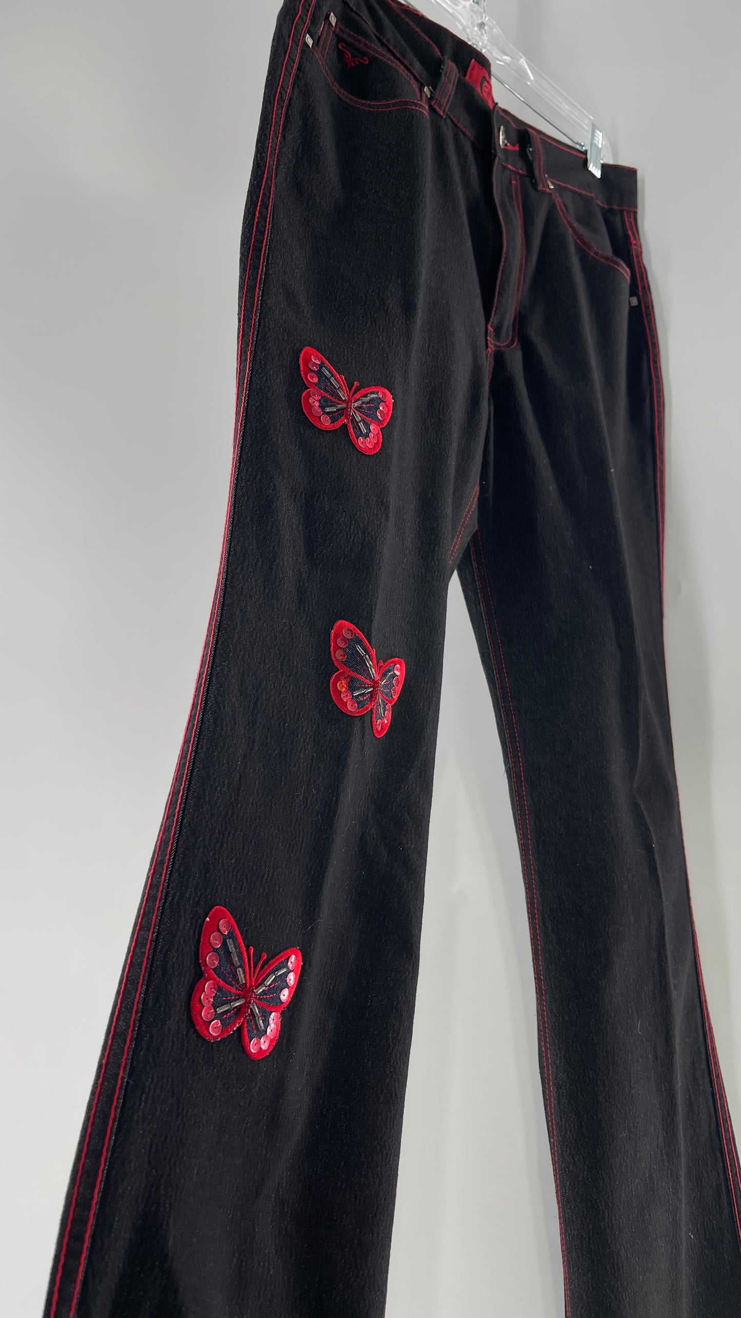 Rare Vintage Black Crest Jeans with Red Contrast Stitching and Butterfly Embroidery on Thigh and Back Pockets (14)