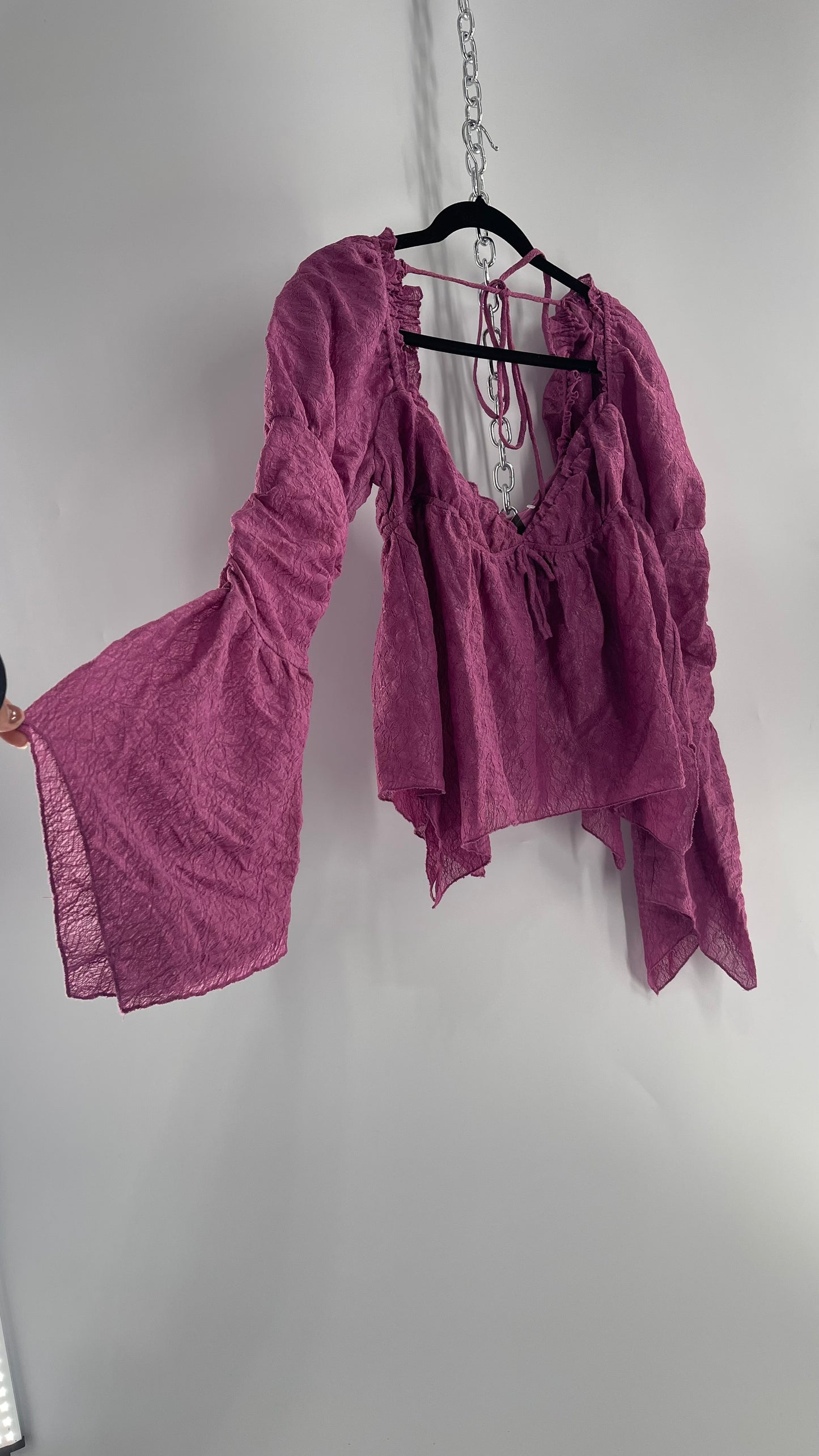 Urban Outfitters Purple Lace Blouse with Handkerchief Slit Hem, Princess Fairy Sleeves, Ruffle Trim Bust and Low Back (Large)