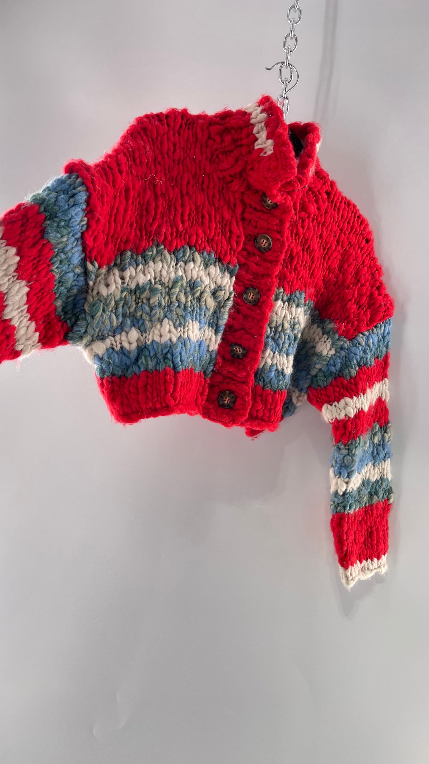 BDG Urban Outfitters Thick Knit Red White Blue Chunky Cropped Striped Cardigan (XS)