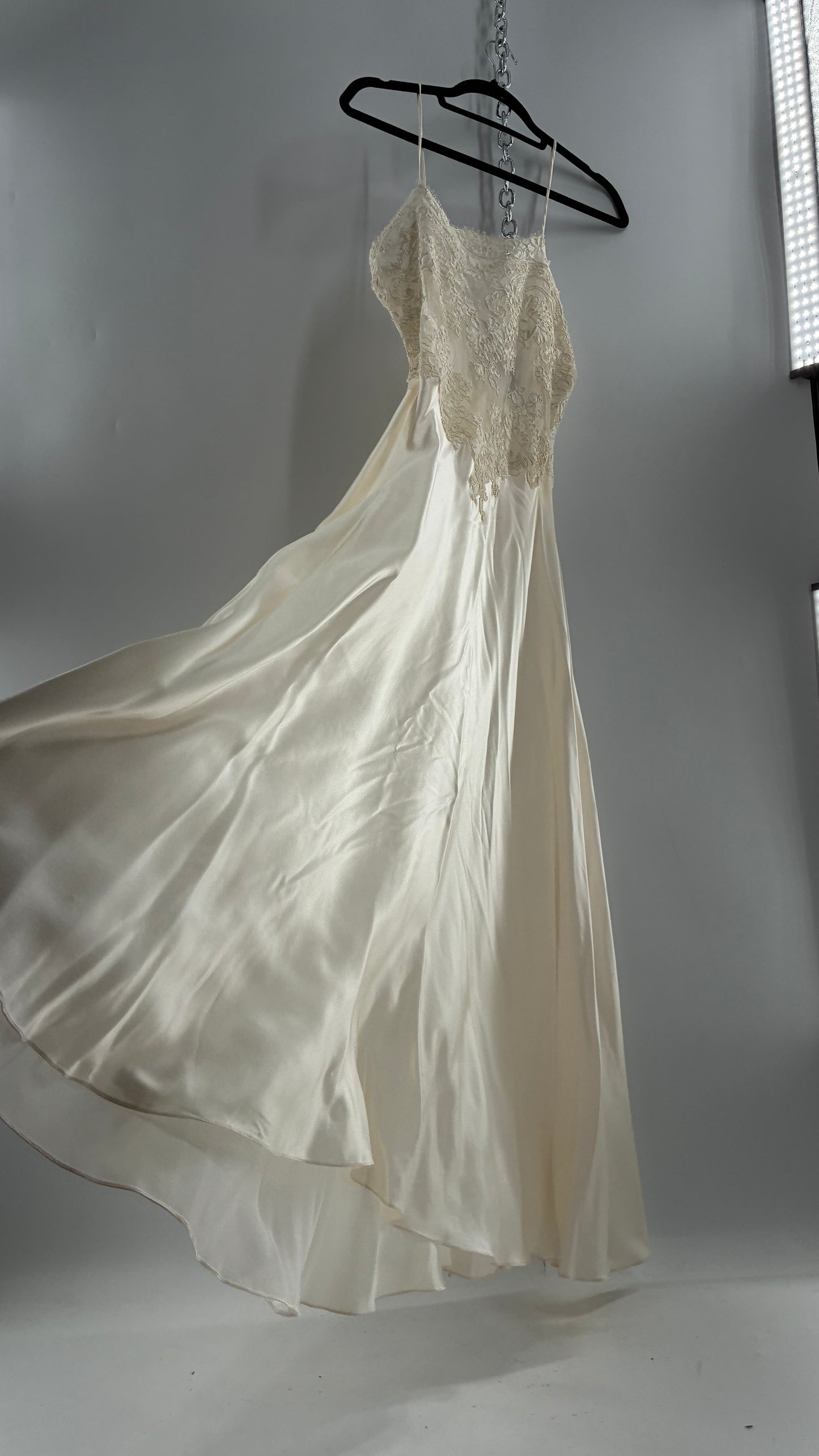 Vintage JONQUIL 100% Silk Gown with Heavy Lace Appliqués and Low Cut Sheer Back (Medium)
