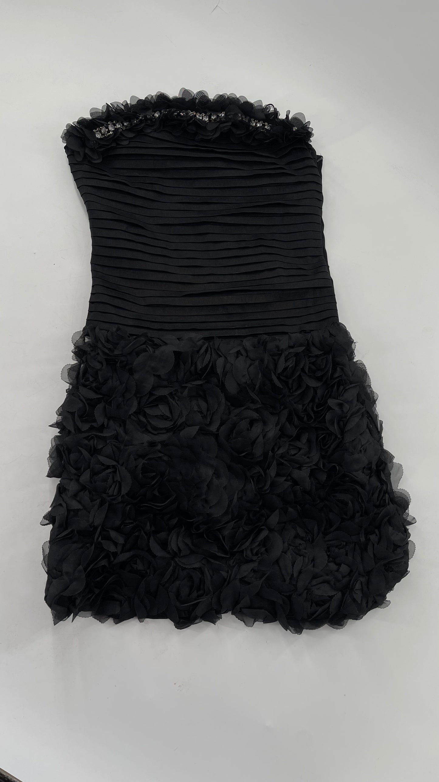 C.O:GWBG Black Dress with Pleated Bodice, Floral Ruffled Skirt and Bedazzled Bustline (S/M)