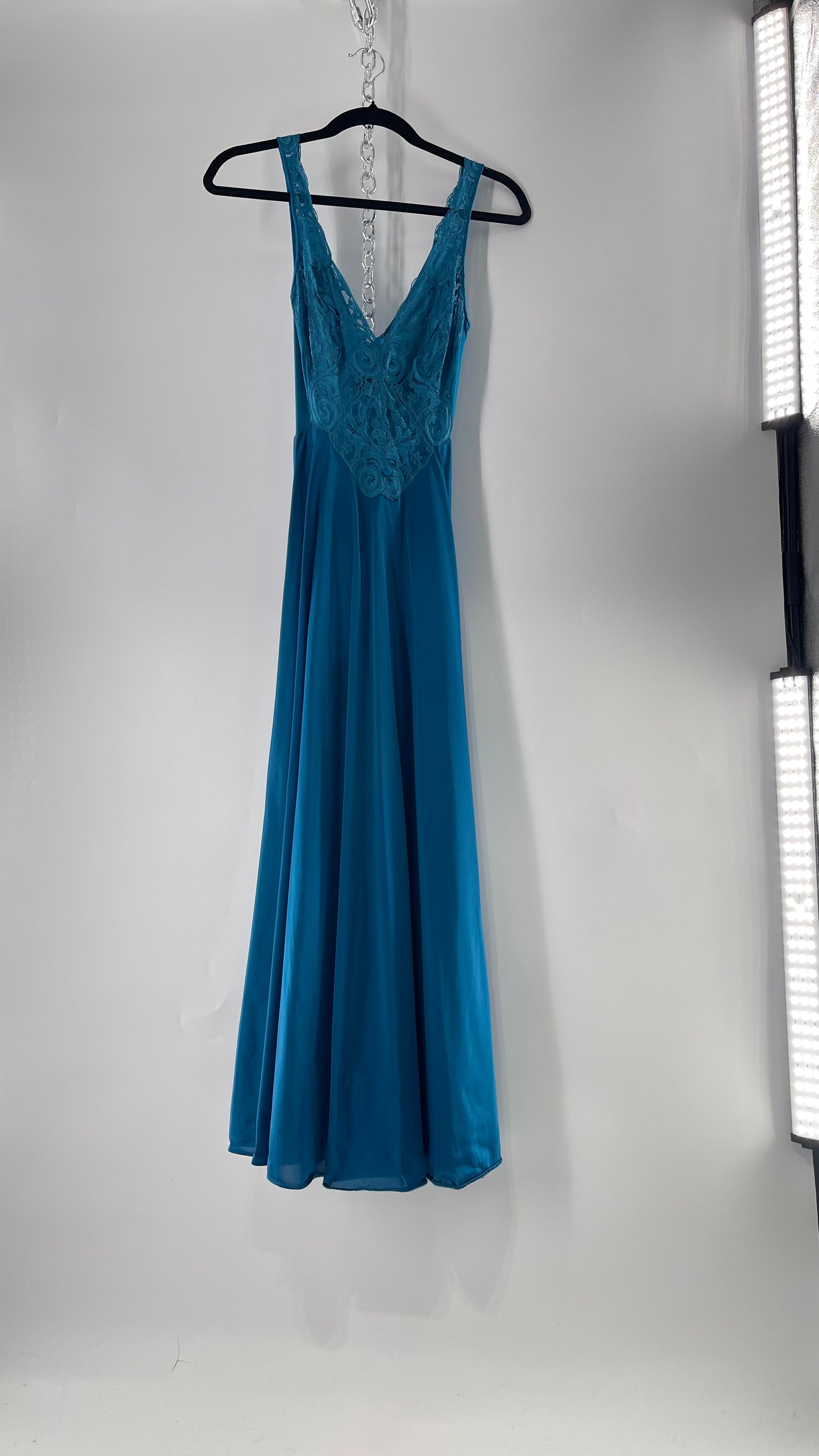 Vintage Olga Intimates Floor Length Voluminous Blue Jewel Toned Maxi Dress/Night Gown with Lace Bust (Small)