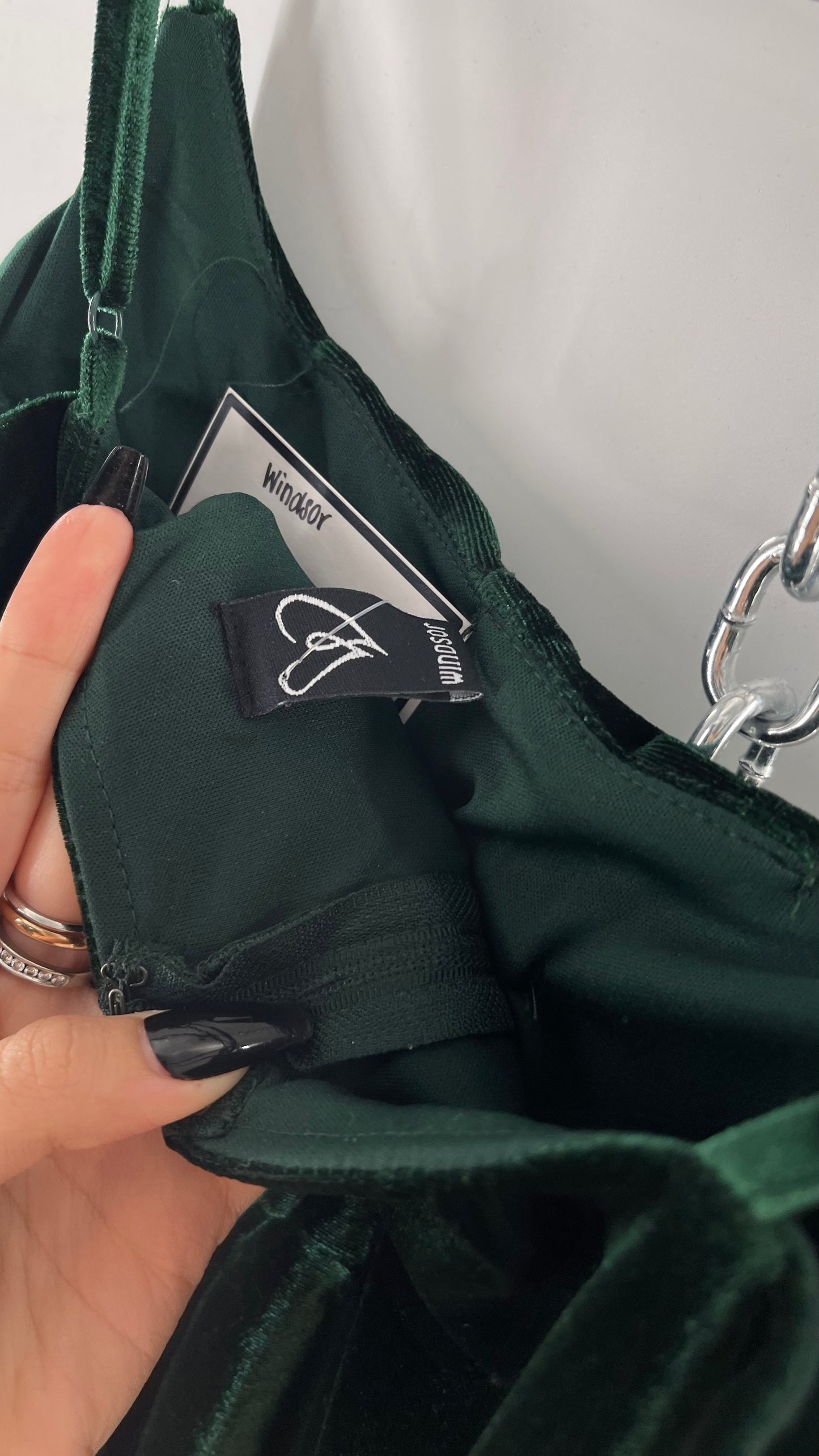 Windsor Forest Green Velvet Maxi Dress with Corseted Bust and Side Slit (11/12)