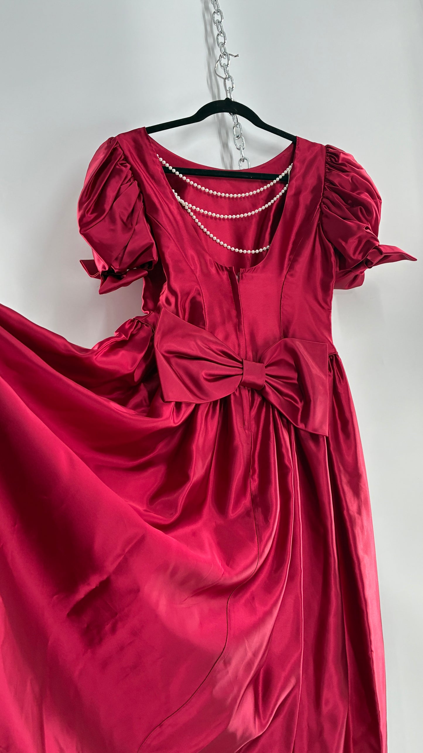 Vintage Red Silky Satin Corset Style Dress with Sweetheart Neckline, Puff Sleeves, Oversized Bow Bum, Open Back and Draping Pearls (10P)