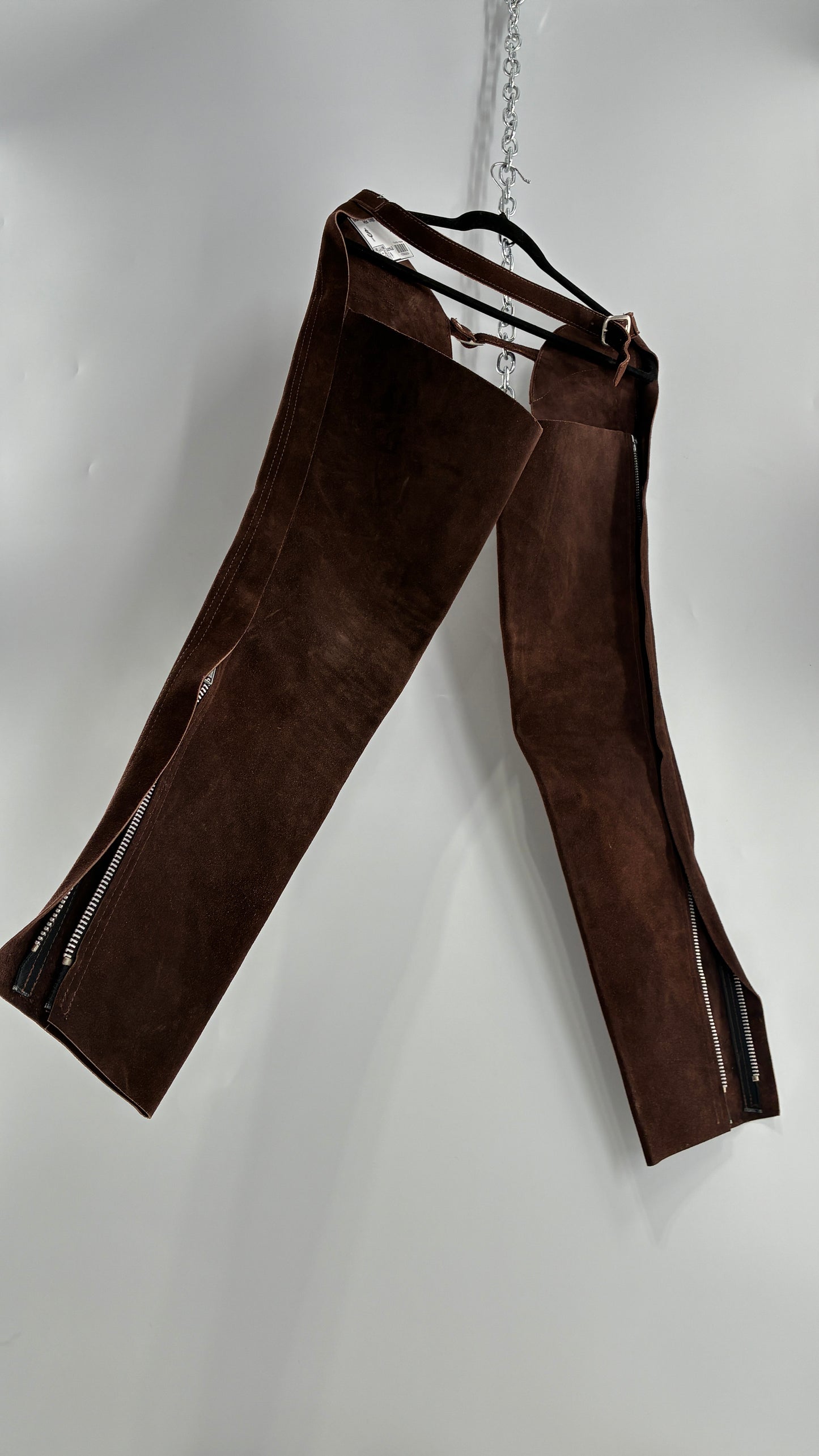 Vintage Chocolate Brown Genuine Suede Leather Chaps with Heavy Duty Side Zipper Detail (XS)