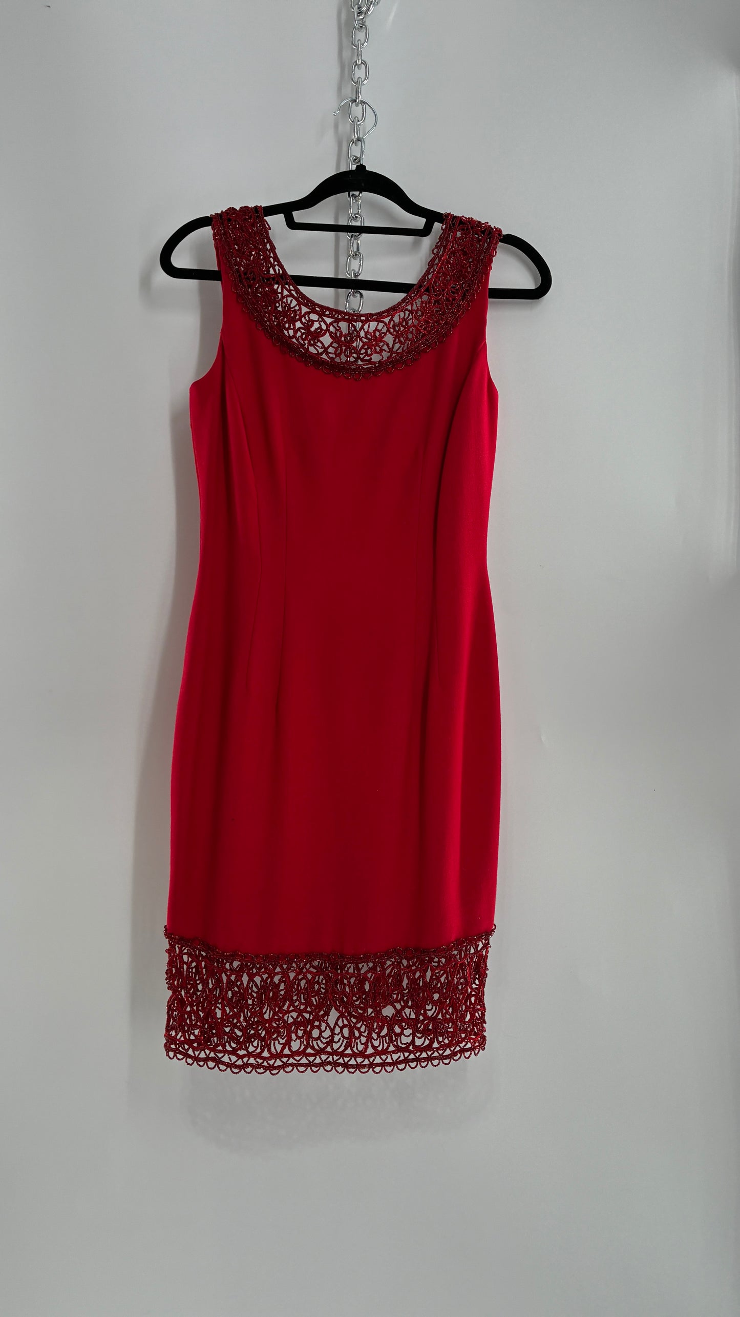 Vintage CARMEN MARC VALVO Red 100% Fitted, Tailored Wool Dress with Beaded Hem and Neckline (6)