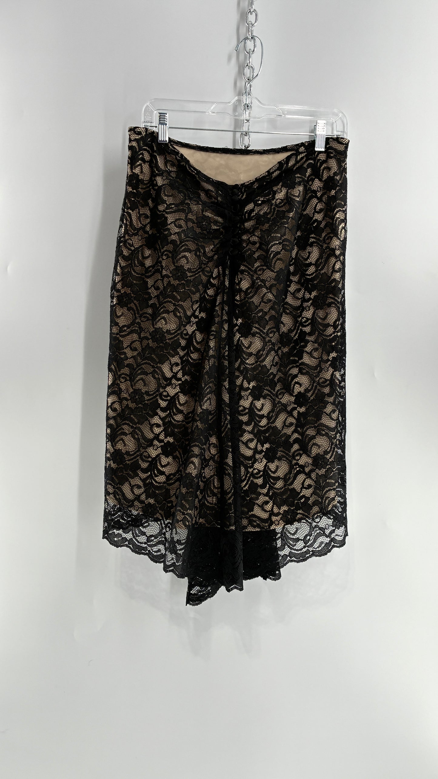 Vintage HEART MOON STARS Black Lace Overlay + Nude Underlay Skirt with Low Wired Back, Ruched Bum, and Button Down Back(8)