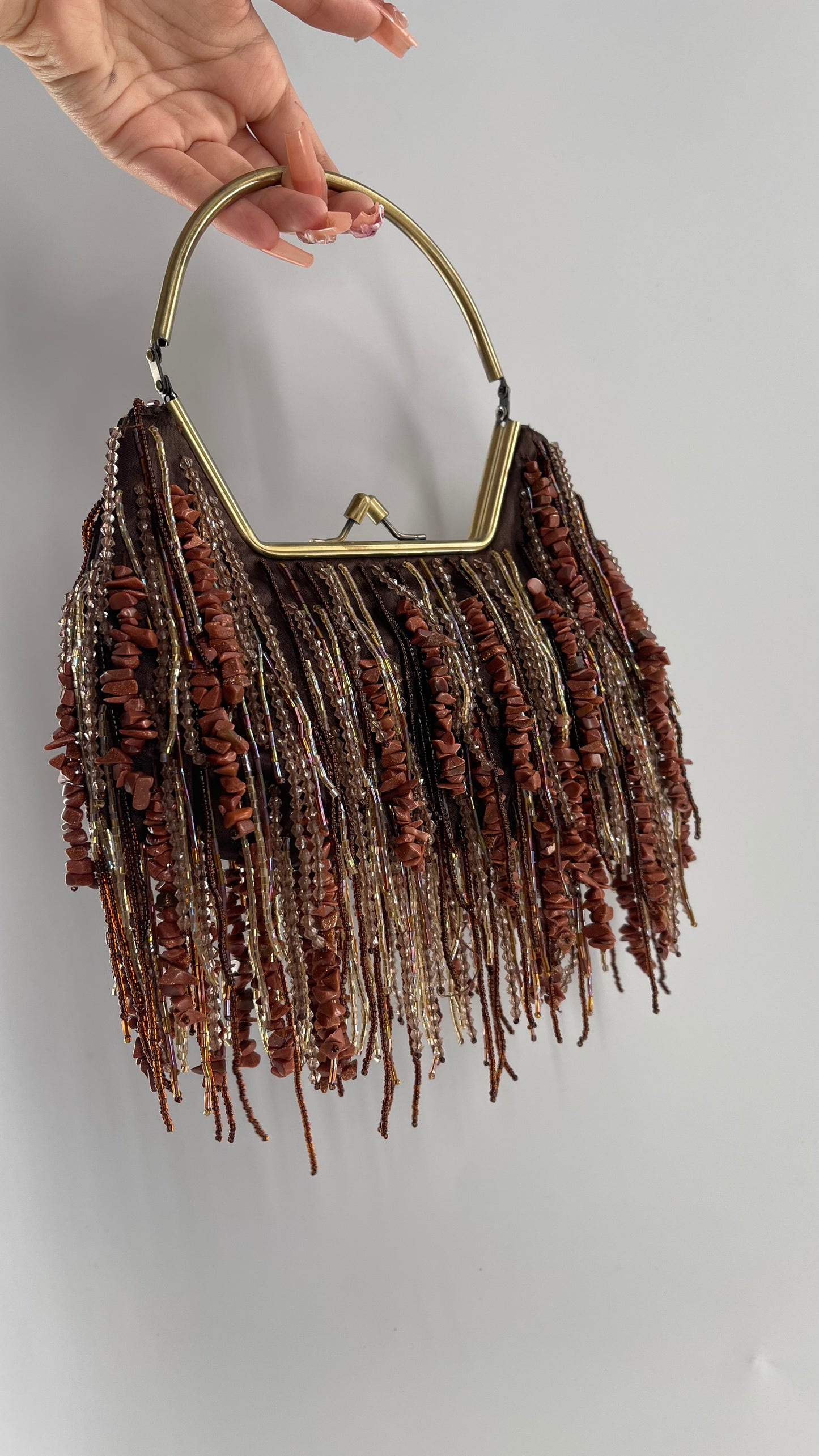 Vintage Purse Covered in Strands of Brown Beads and Reflective Stone Tassels