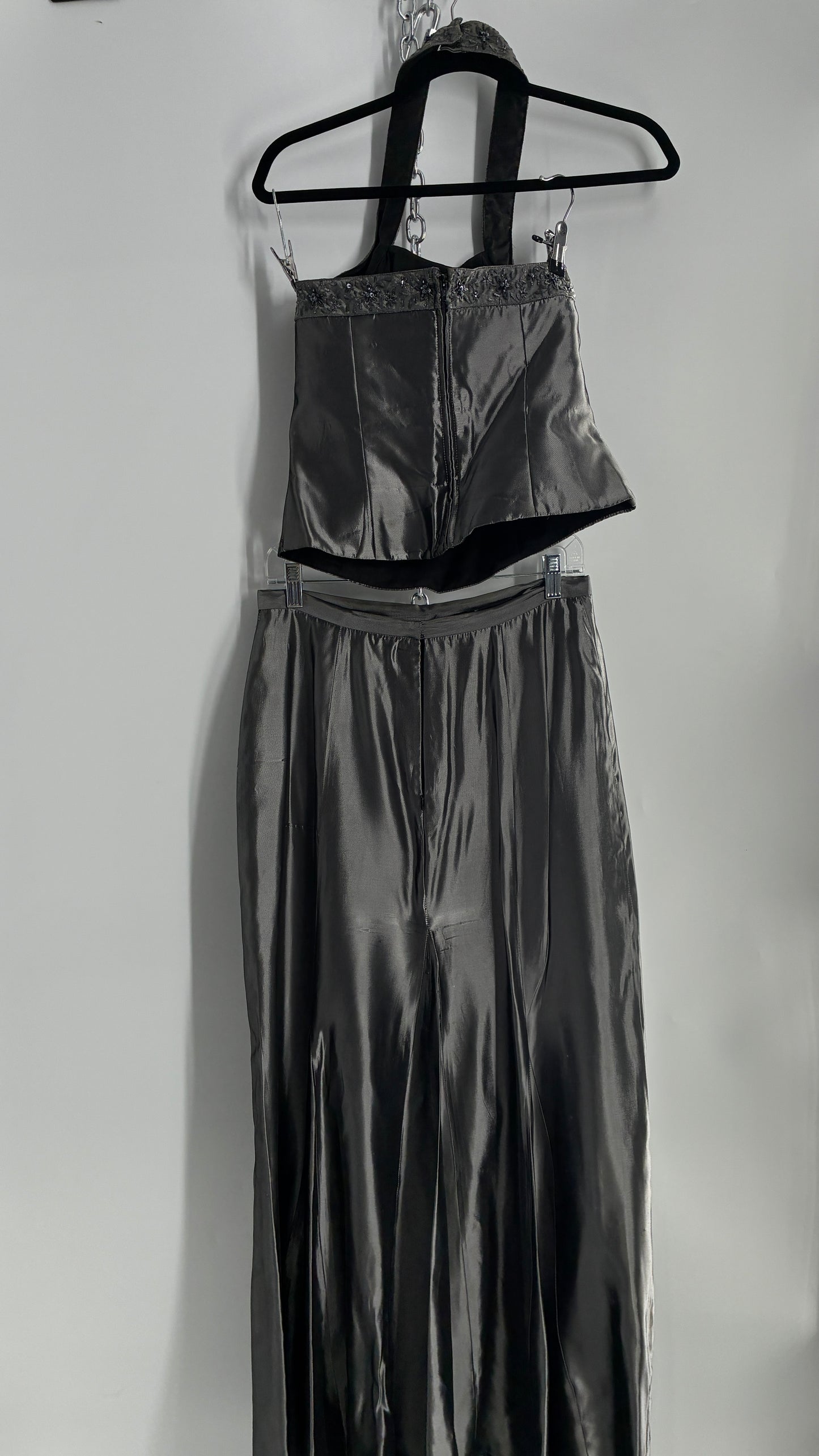 Vintage 1990s Davids Bridal SET Metallic Silver Corseted + Beaded Halter and Full Length Skirt (6Top, 8Skirt)