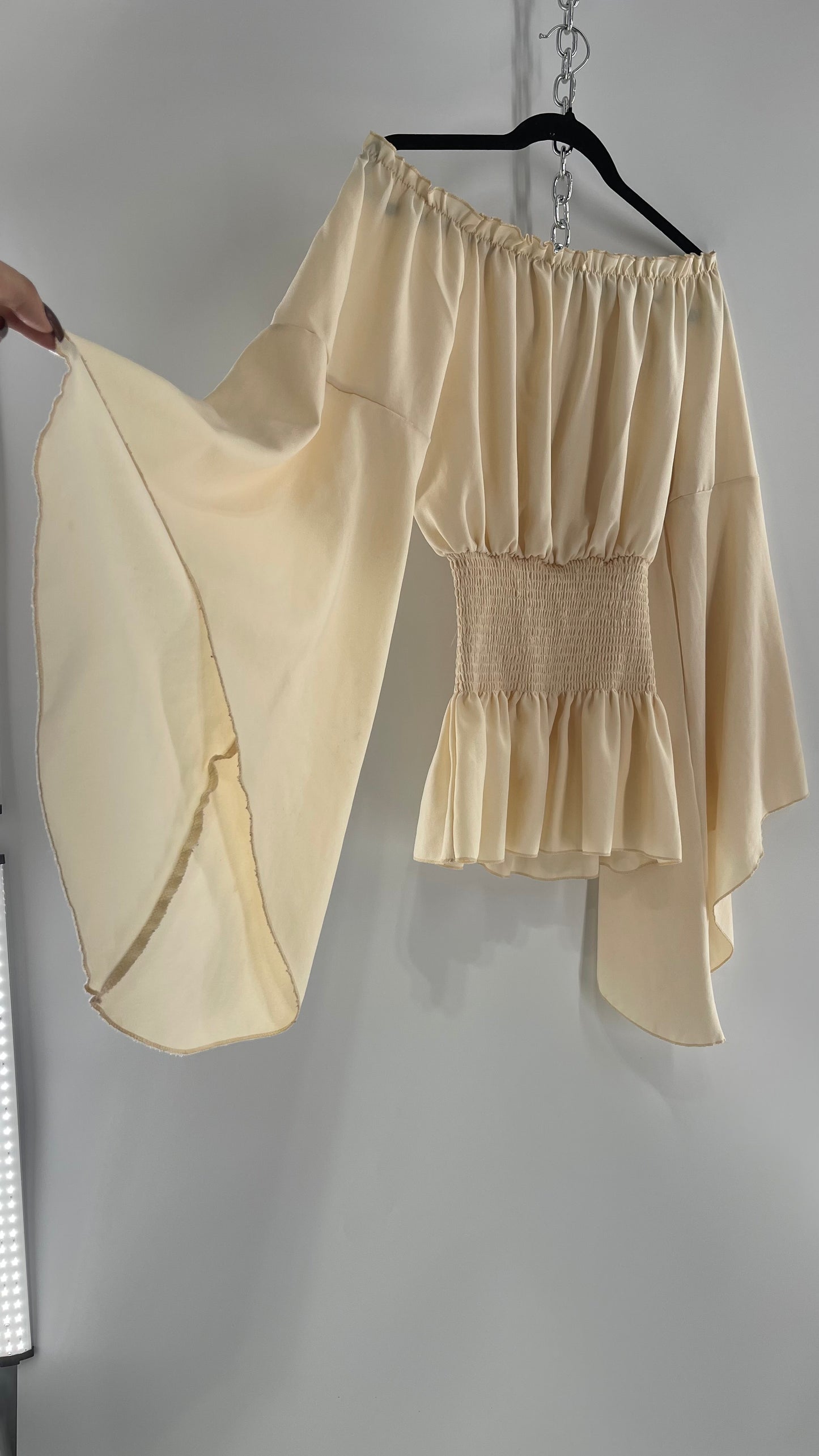 Vintage Off White Smocked Waist Bell Sleeve Wanderlust Blouse(S/M)