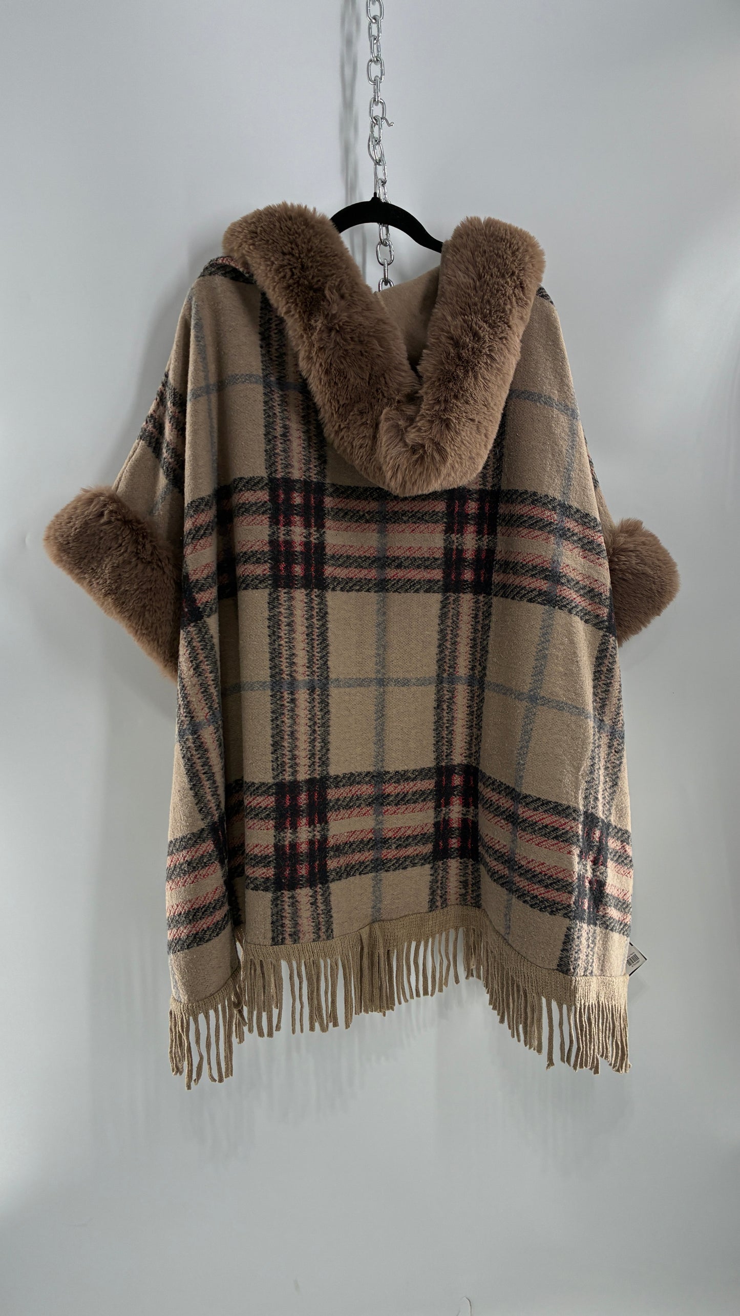 FADIVO NEW YORK Plaid Taupe Cape with Fur Trim and Tags Attached (OS)