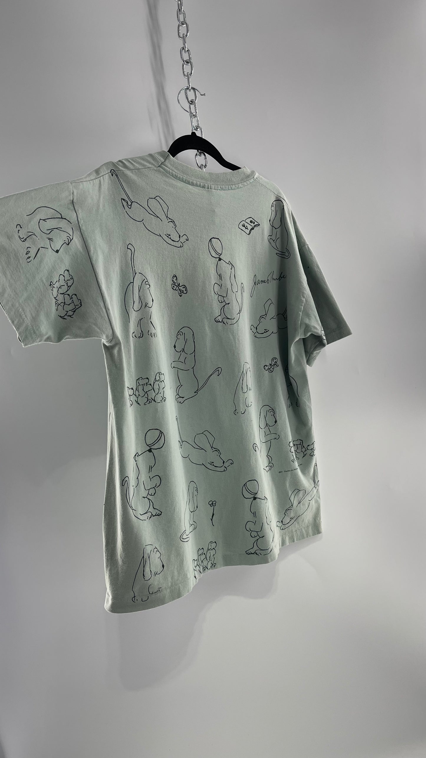 Vintage James Thurber Light Sage Nostalgic Puppy Doodle Comic Sketch T Shirt (XL)