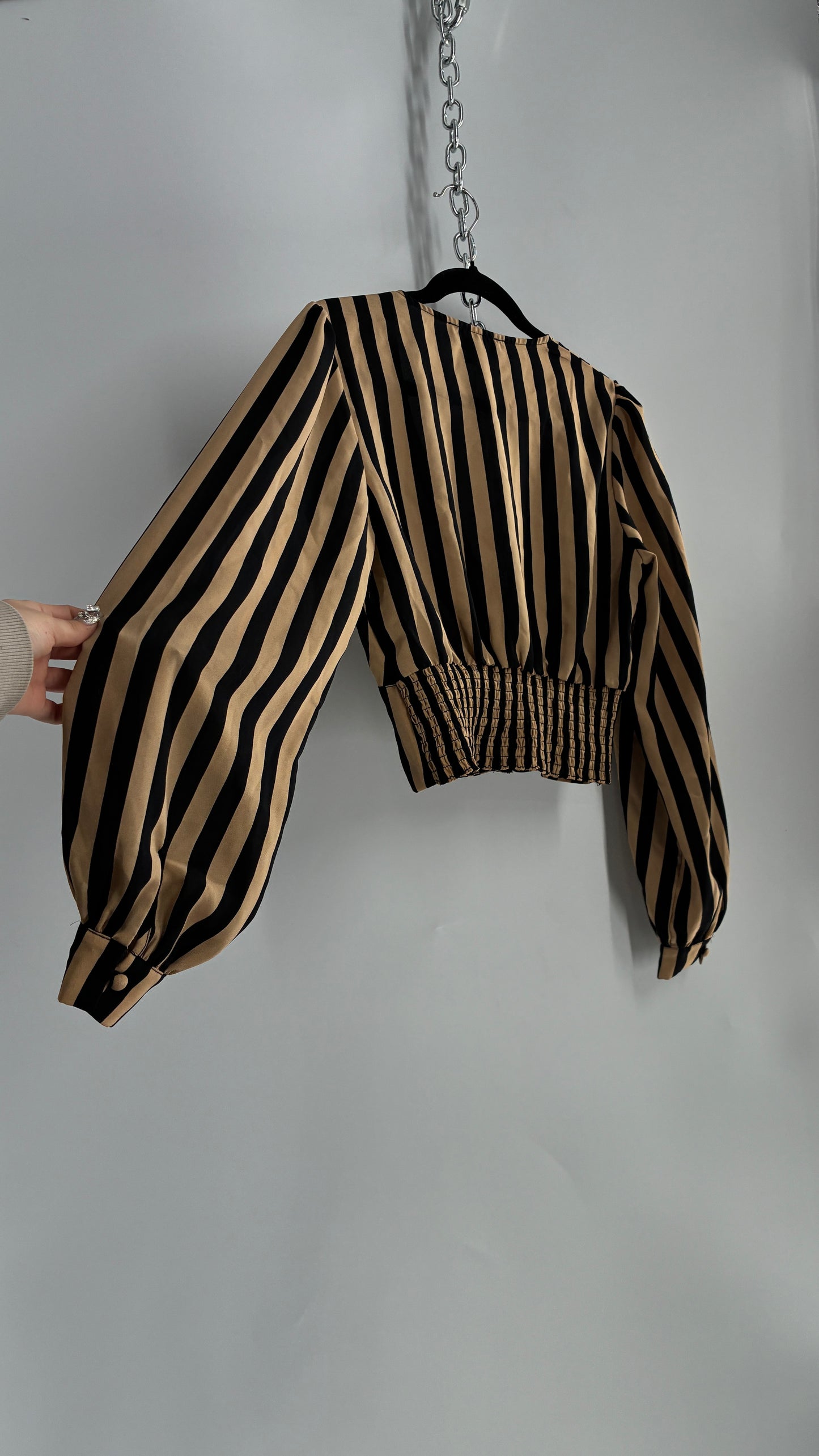LULUS Striped Tan and Black Balloon and Corseted Waist (Medium)