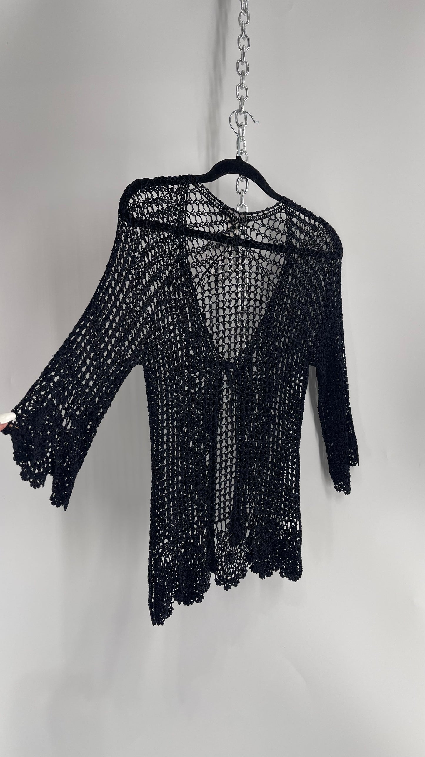 Vintage Black Crochet Slinky Top with Ribbon Bust Tie (XS)