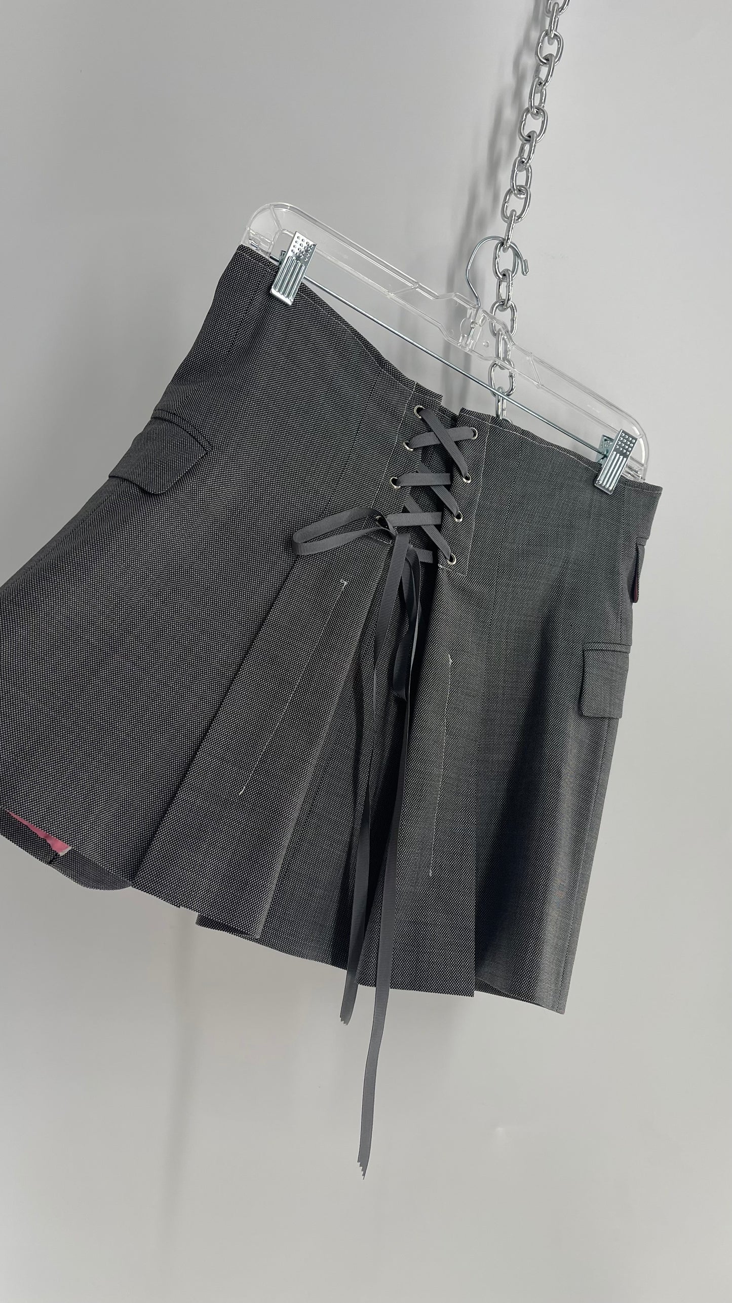 Custom Handmade Gray 2Piece Suit Set with Pink Satin Lining, Cropped Blazer, and Corseted Skirt (S-L)