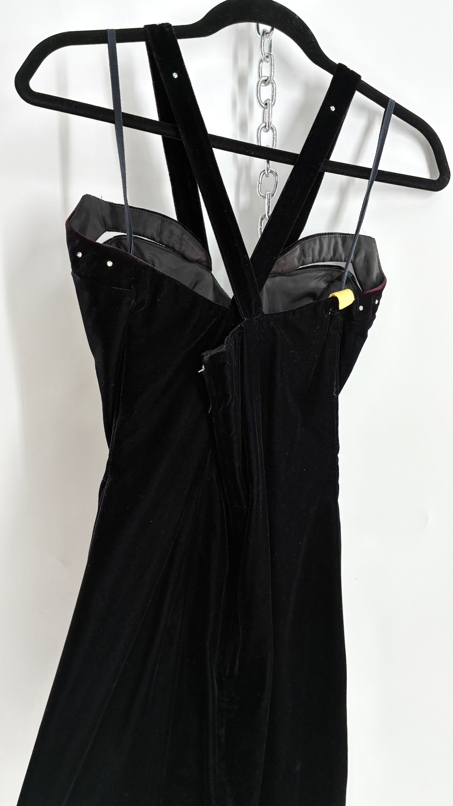 Vintage Handmade Velvet Gown with Pointed Bust Lined in Rhinestones and Dramatic Side Slit (S/M)