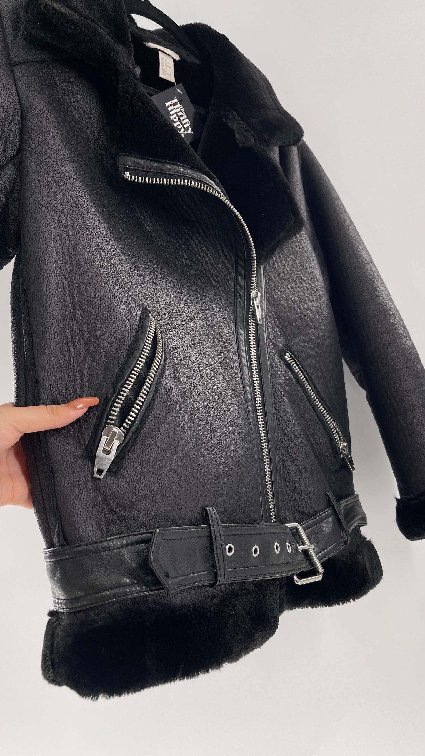 H&M (C) Black Faux Leather Moto Jacket with Faux Fur Lining (10)