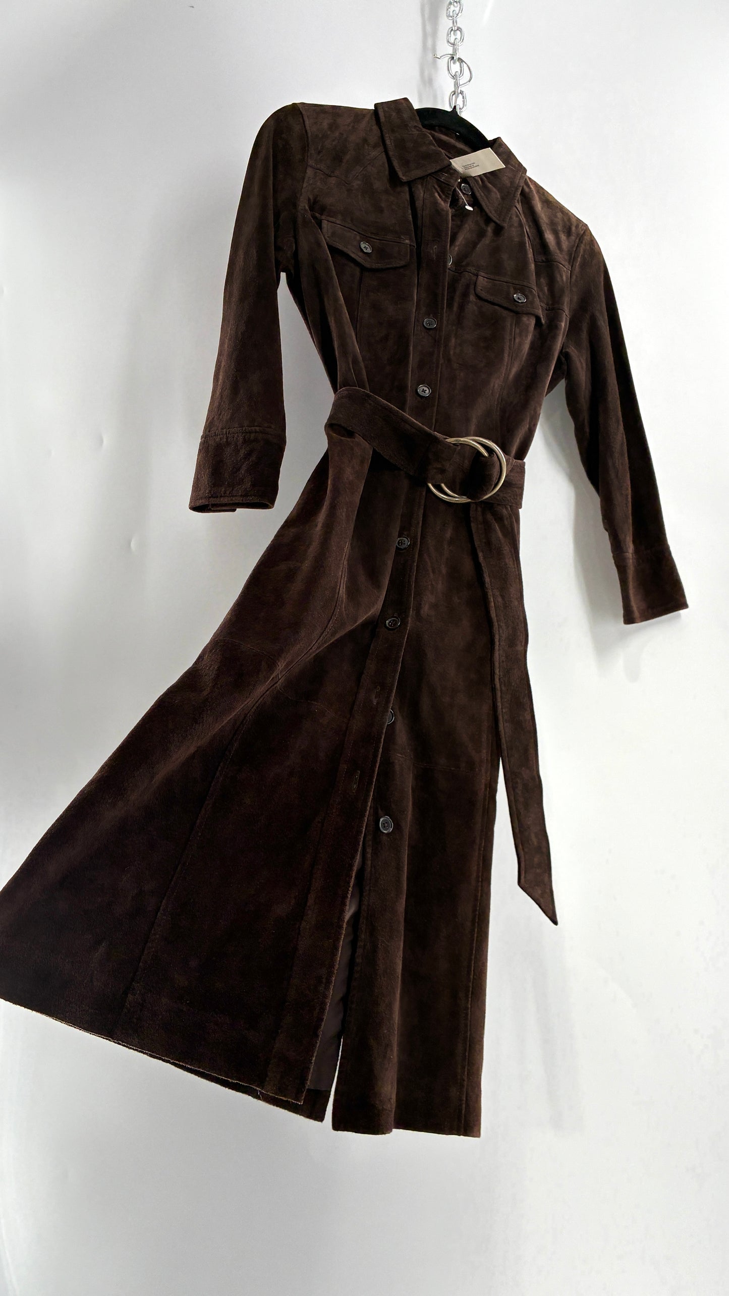 Vintage LOFT Brown Suede Leather Button Front, Belted Midi Dress with Tags Attached (4)