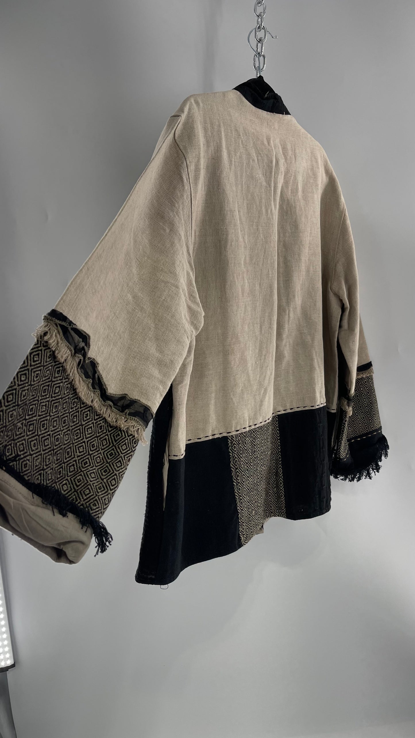 Deadstock Vintage Flashback Patchwork Coat with Mixed Neutral Fabrics, Embroidery and Fringe Details (Large)