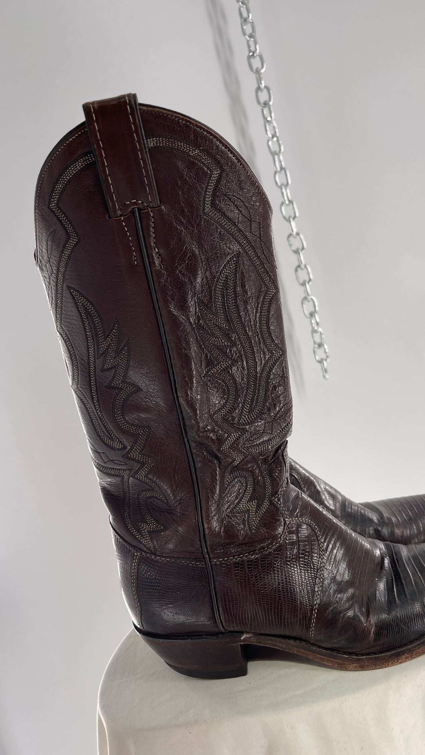 Vintage JUSTIN Dark Brown Leather/Lizard Pointed Toe Cowboy Boots Worn In (7.5)