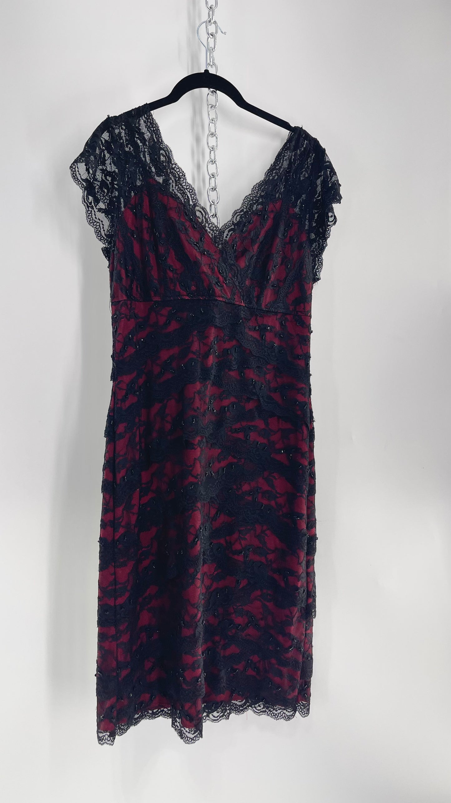 Vintage Marina Vampira Mídi Dress with Beading and Scalloped Black Lace Over Red Underlay (12) (Consigned)