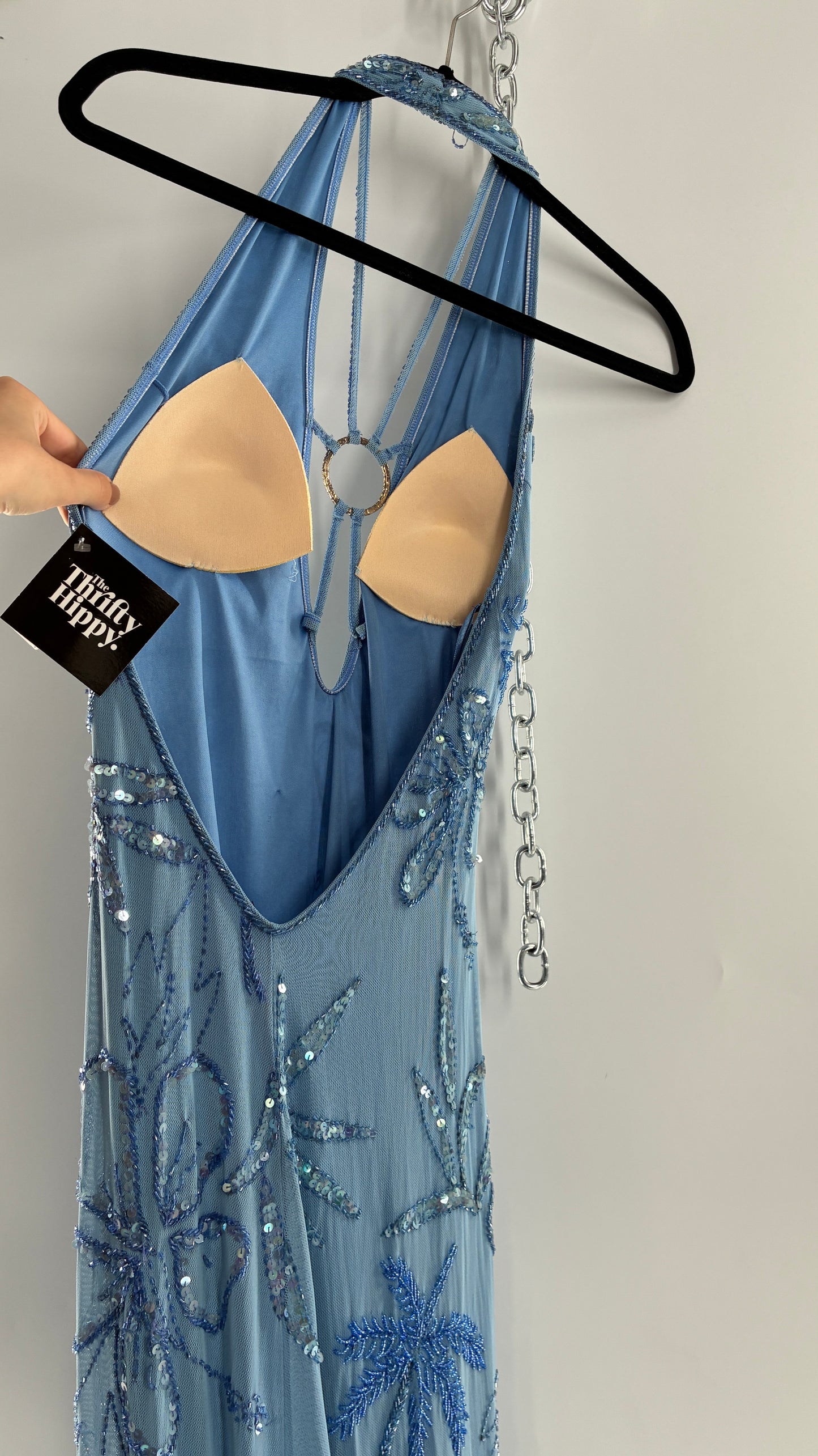 Vintage 1990s Powder Blue Gown Covered in Beaded Appliqué Tropical Designs with Strappy Bust and Low, Open Back (S/M, stretchy no size marked)