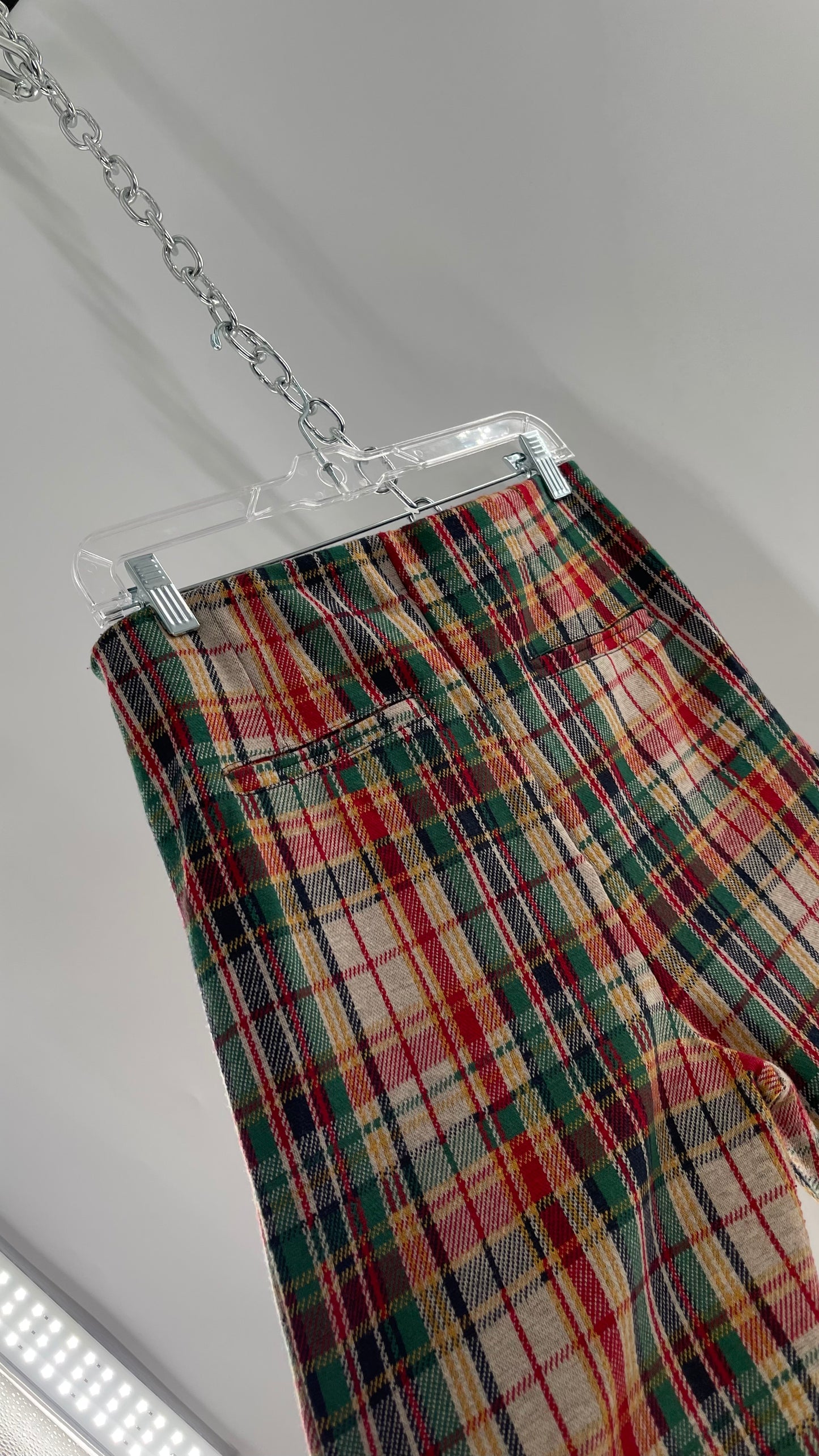 Free People Red\Green Plaid Knit Straight Leg Pants with Elastic Waist ( L)