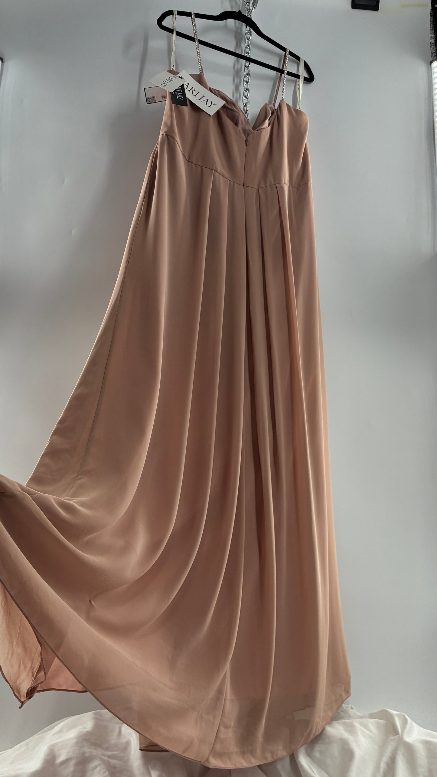 Vintage BARI JAY Nude/Blush Pink Full Length Dress with Embellished Straps and Side Slit Detail (16W)