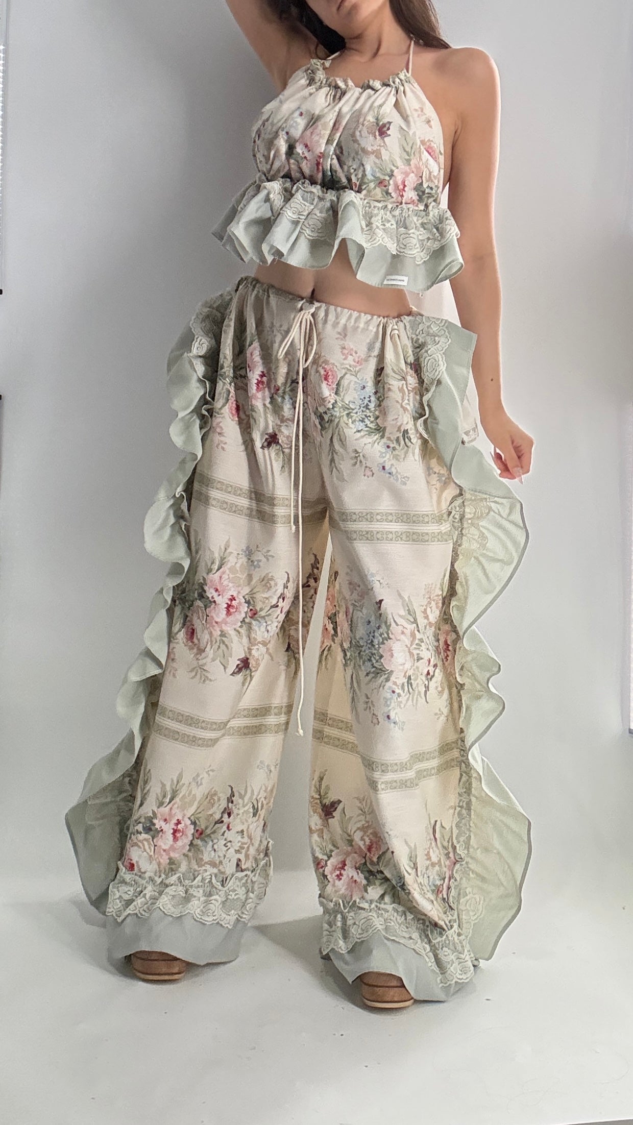 Handmade Vintage Muted Florals Two Piece Set with Adjustable Waist and Bust Lines (XS-XL)