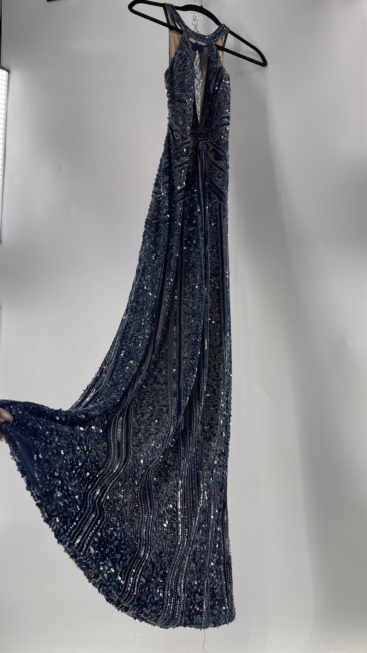Vintage SCALA Navy Blue Beaded Floor Length Gown with Plunging Neckline, Backless Detail, and Tan Underlay (C)(4)