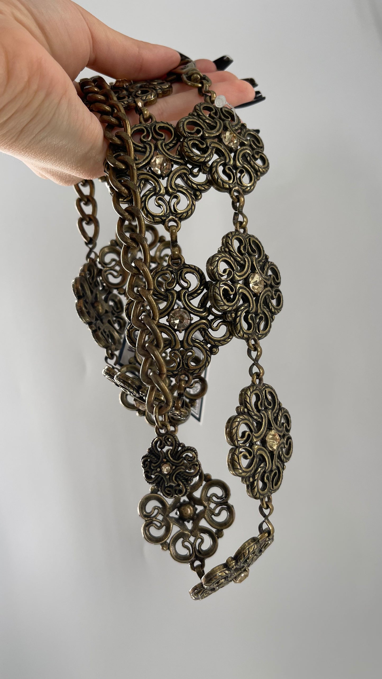 Vintage Gold/Bronze Metal Chain Belt with Rhinestone Embellishments (S/M)