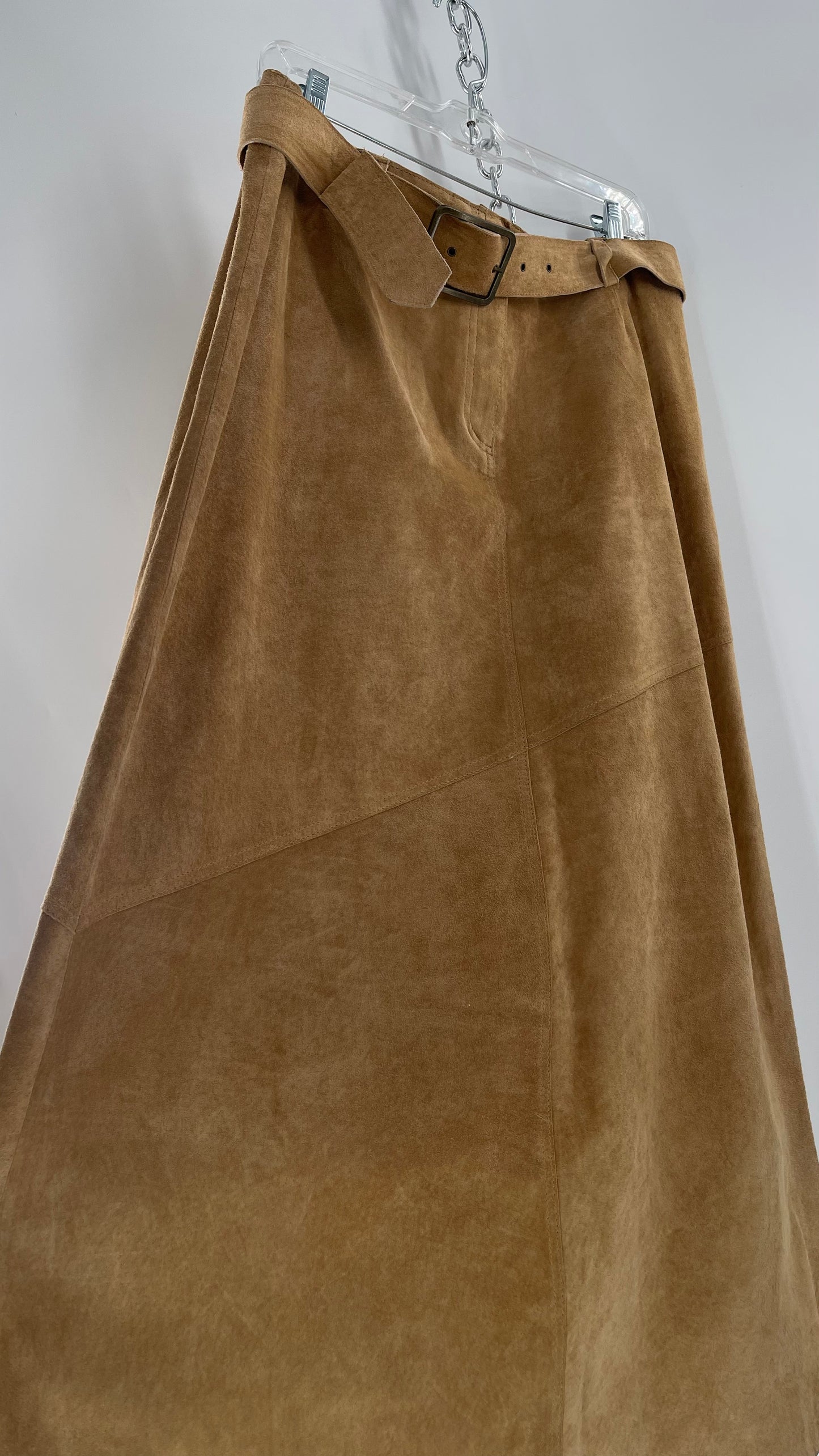 Vintage Margaret Godfrey Tan Suede Low Rise Full Length Skirt with Grommet Belt (14)