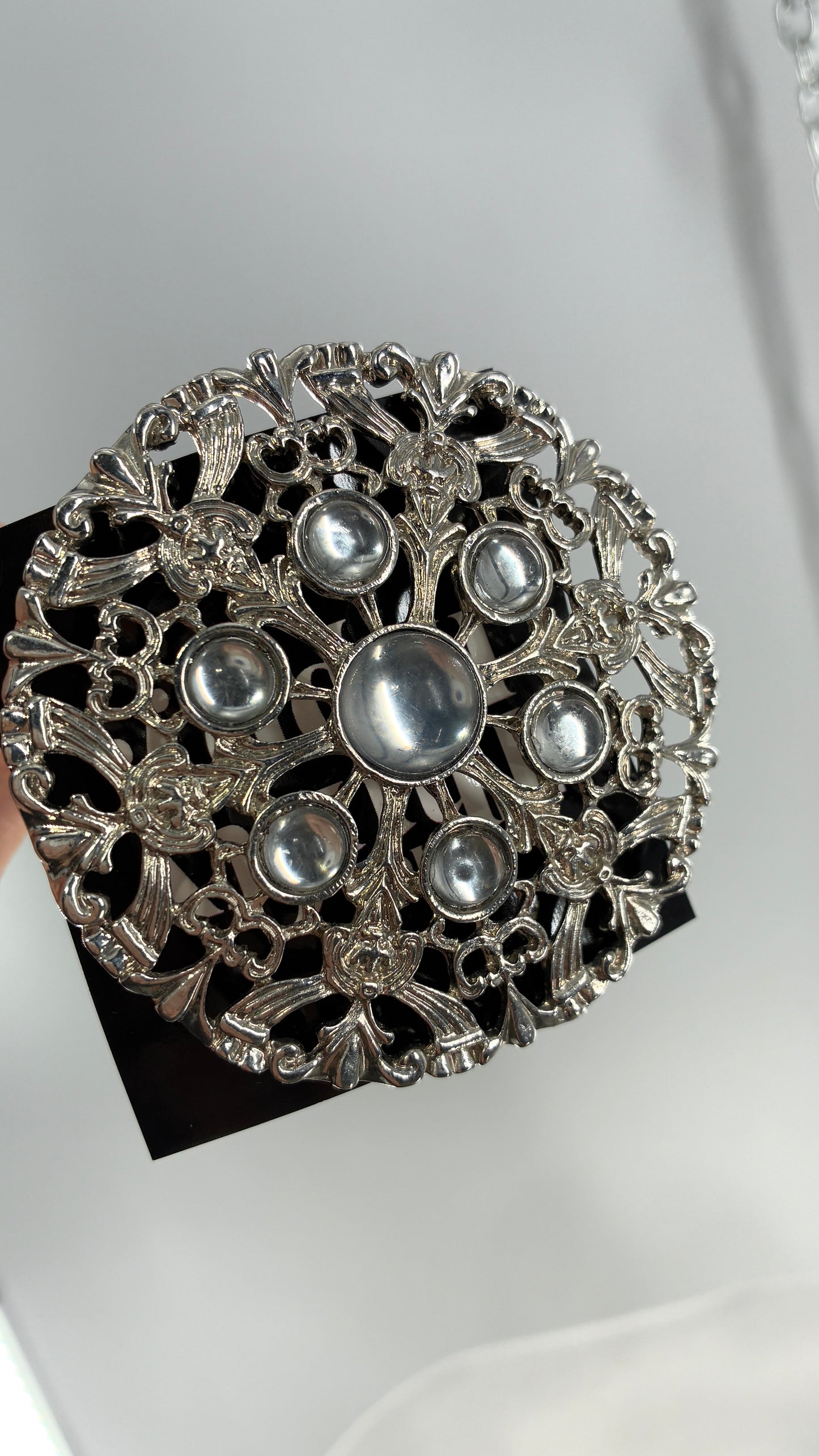 Vintage Oversized Heavy Metal Silver Brooch Pin with Transparent Gemstones