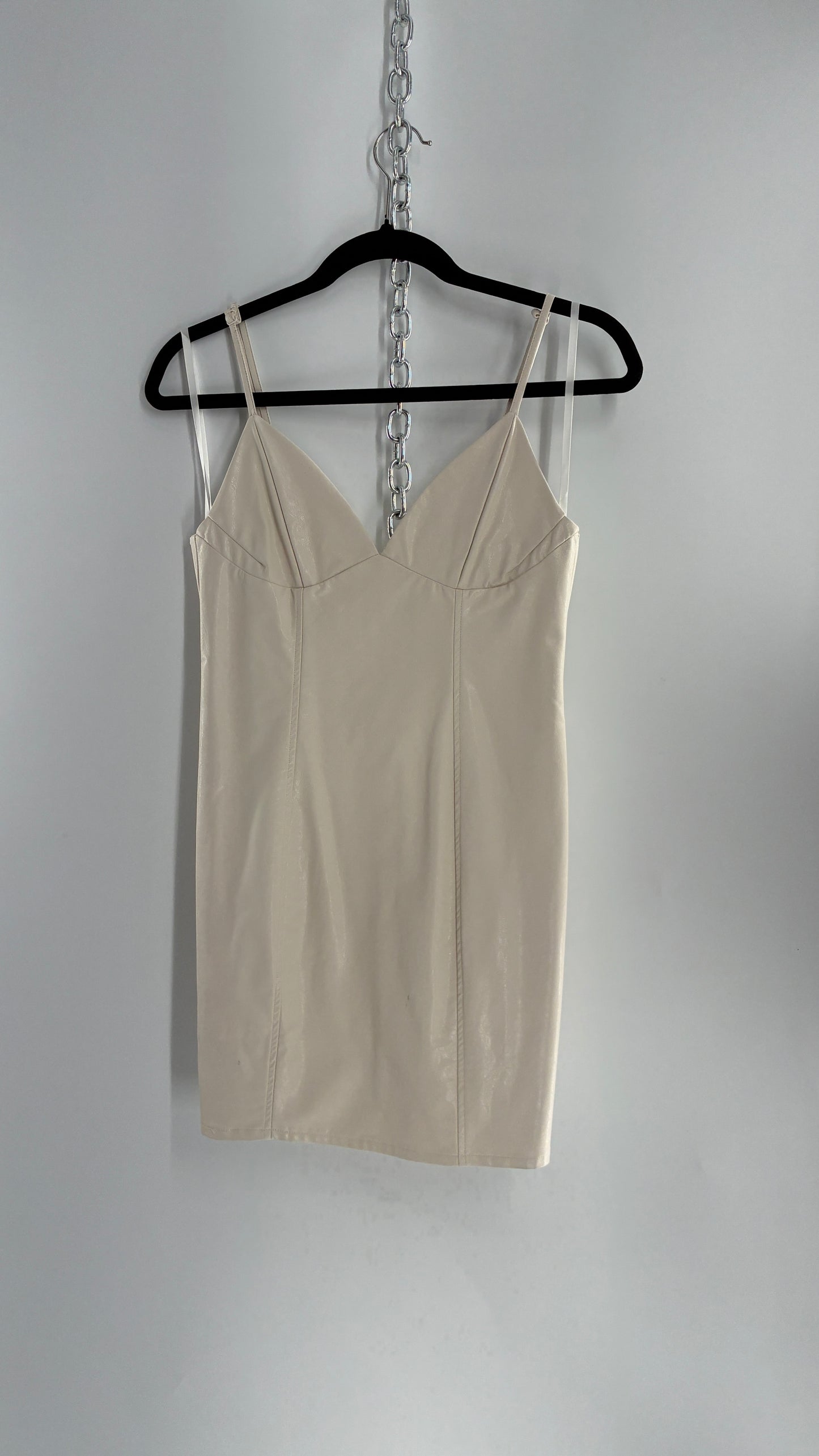 Super Down Vegan White Leather Camisole Mini Dress with Triangle Cups (XS)