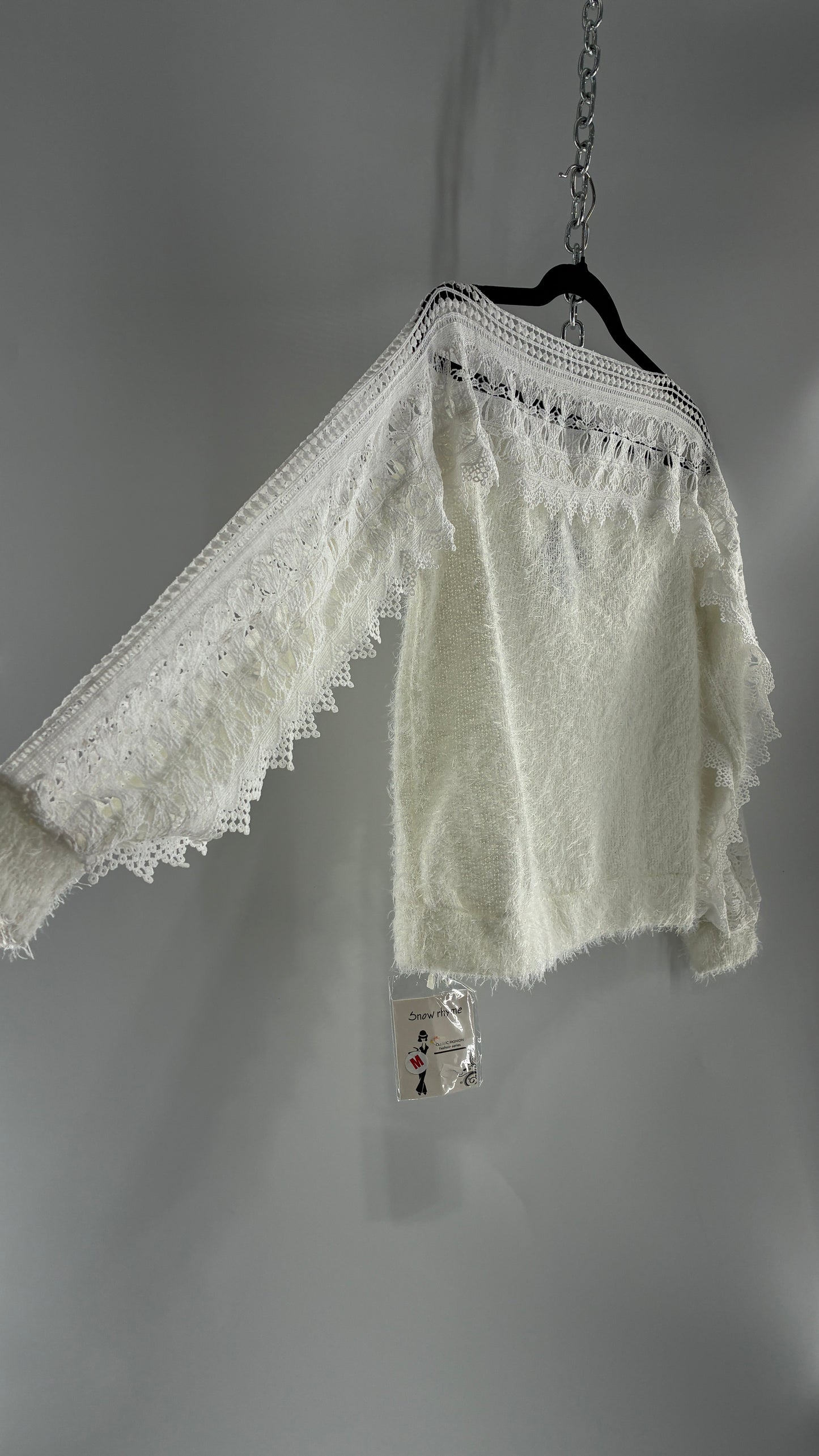 Deadstock White Shaggy Sweater with Thick Scalloped Lace Neckline + Arm Detail and Tags Attached (Medium)