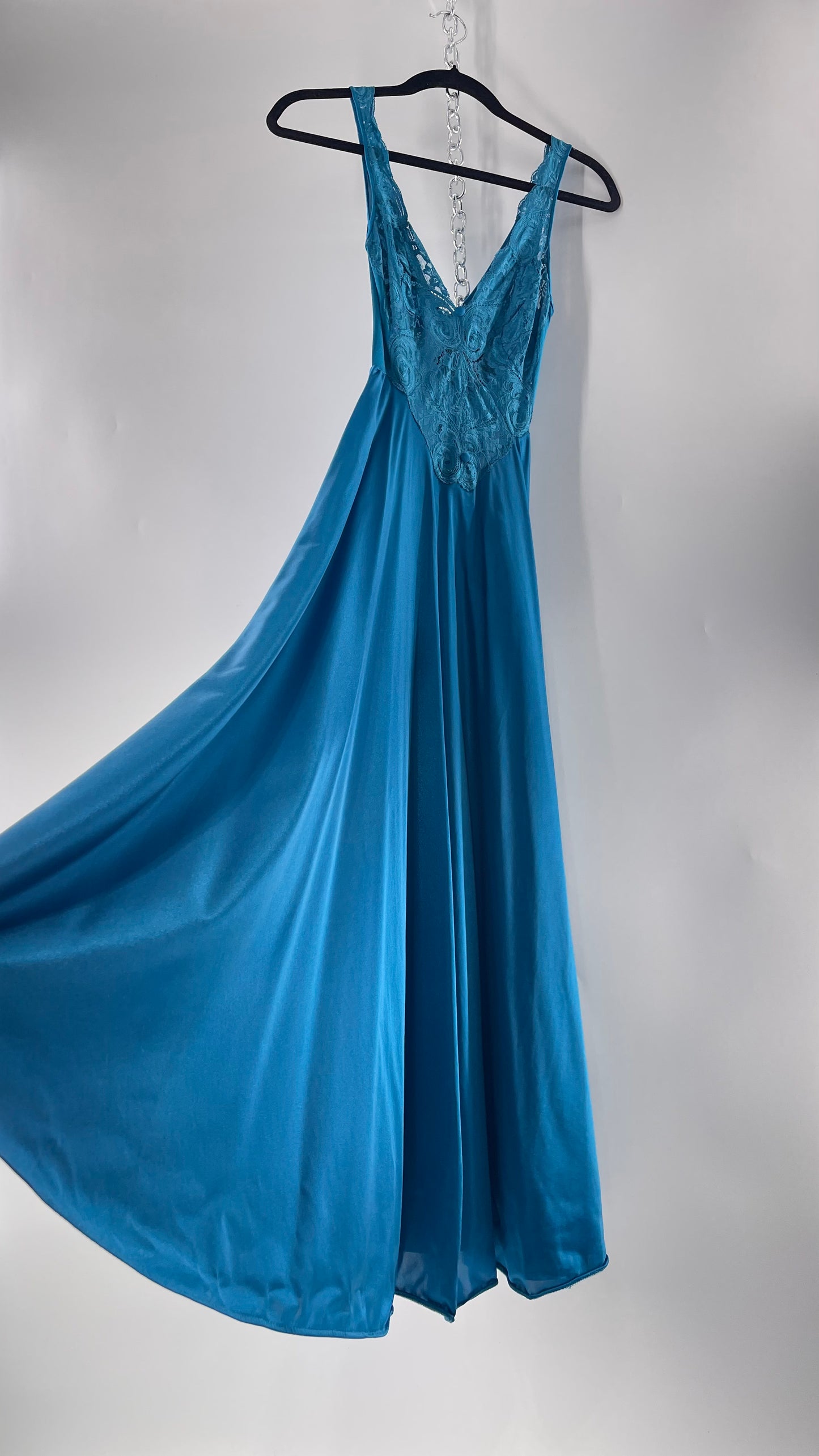 Vintage Olga Intimates Floor Length Voluminous Blue Jewel Toned Maxi Dress/Night Gown with Lace Bust (Small)