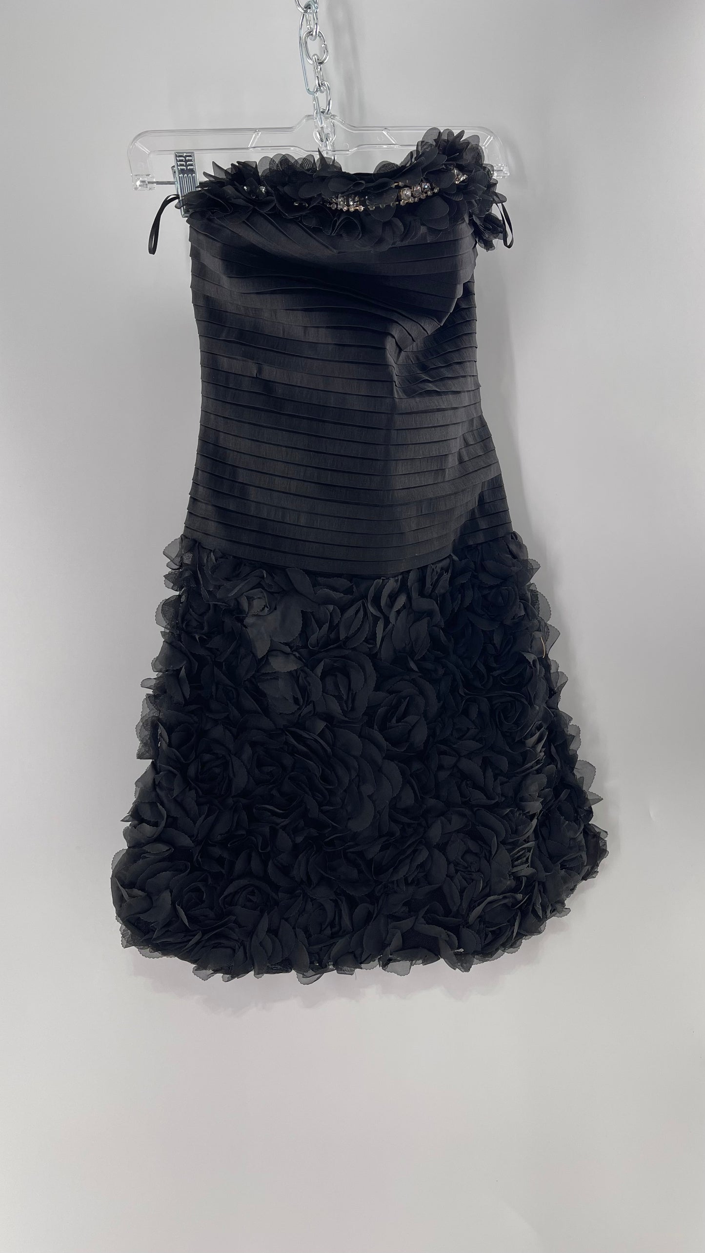 C.O:GWBG Black Dress with Pleated Bodice, Floral Ruffled Skirt and Bedazzled Bustline (S/M)