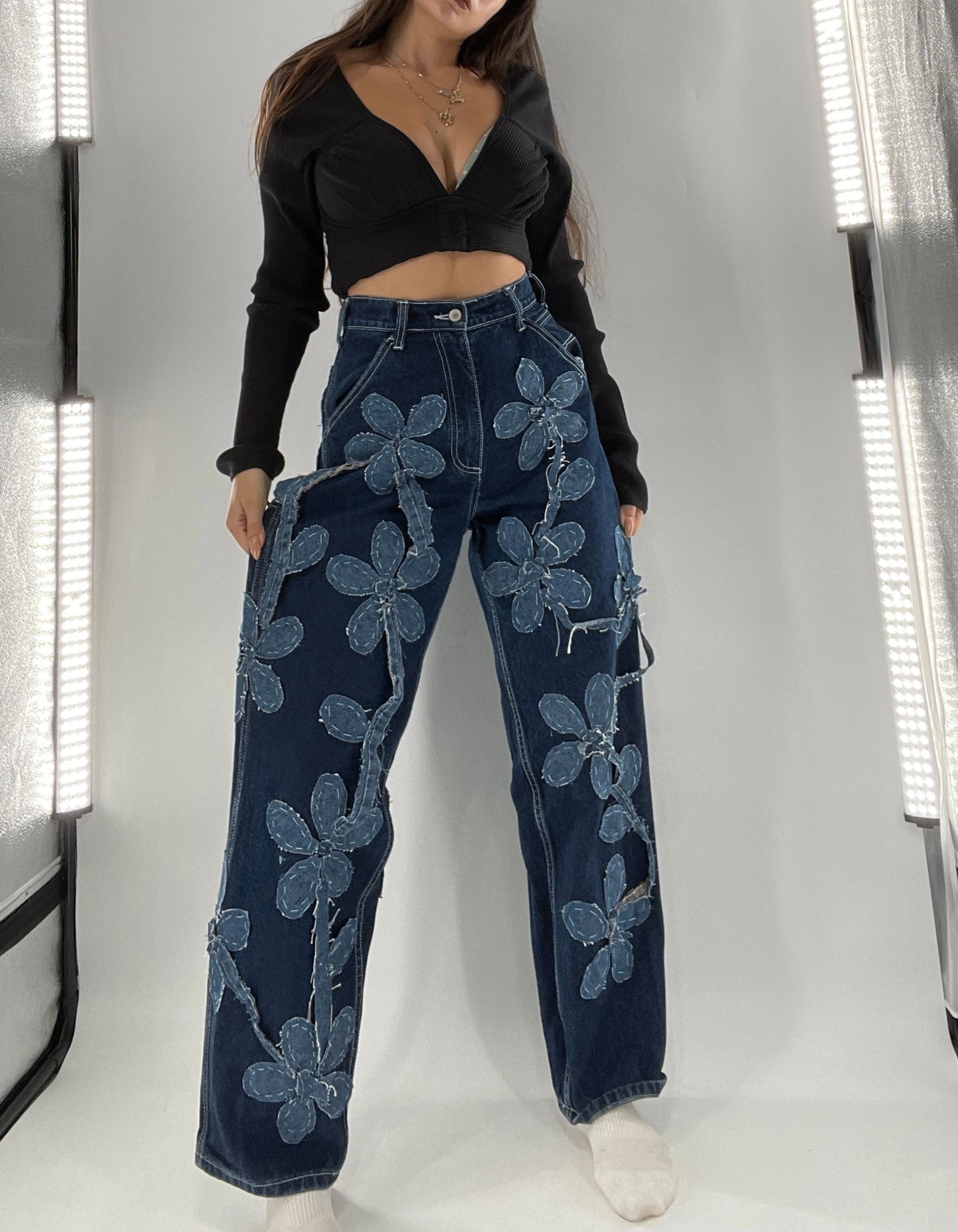 Handmade CUSTOM Dual Denim Tone Floral Vine Cargo Denims (S)