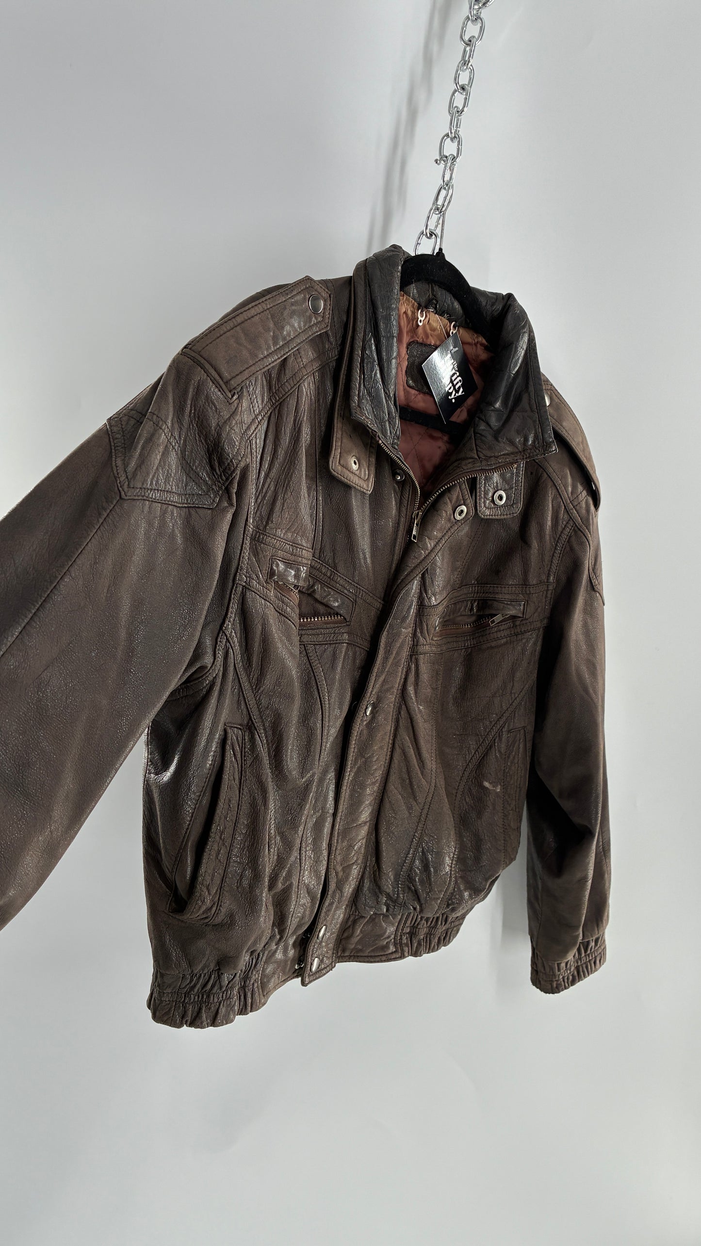 Vintage SAXONY Distressed Leather Bomber Jacket (Medium)