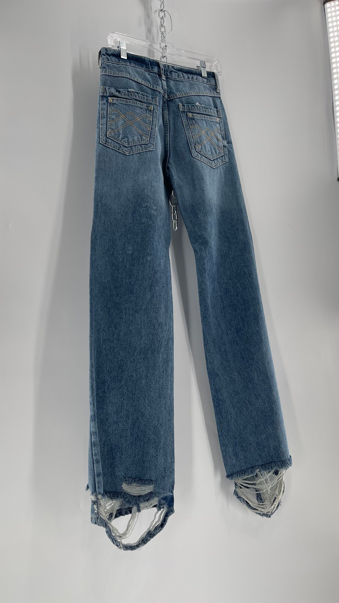 Free People Light Wash Straight Leg Jeans with Distressed Hem, Double Pockets and White Paint with Tags Attached (25)