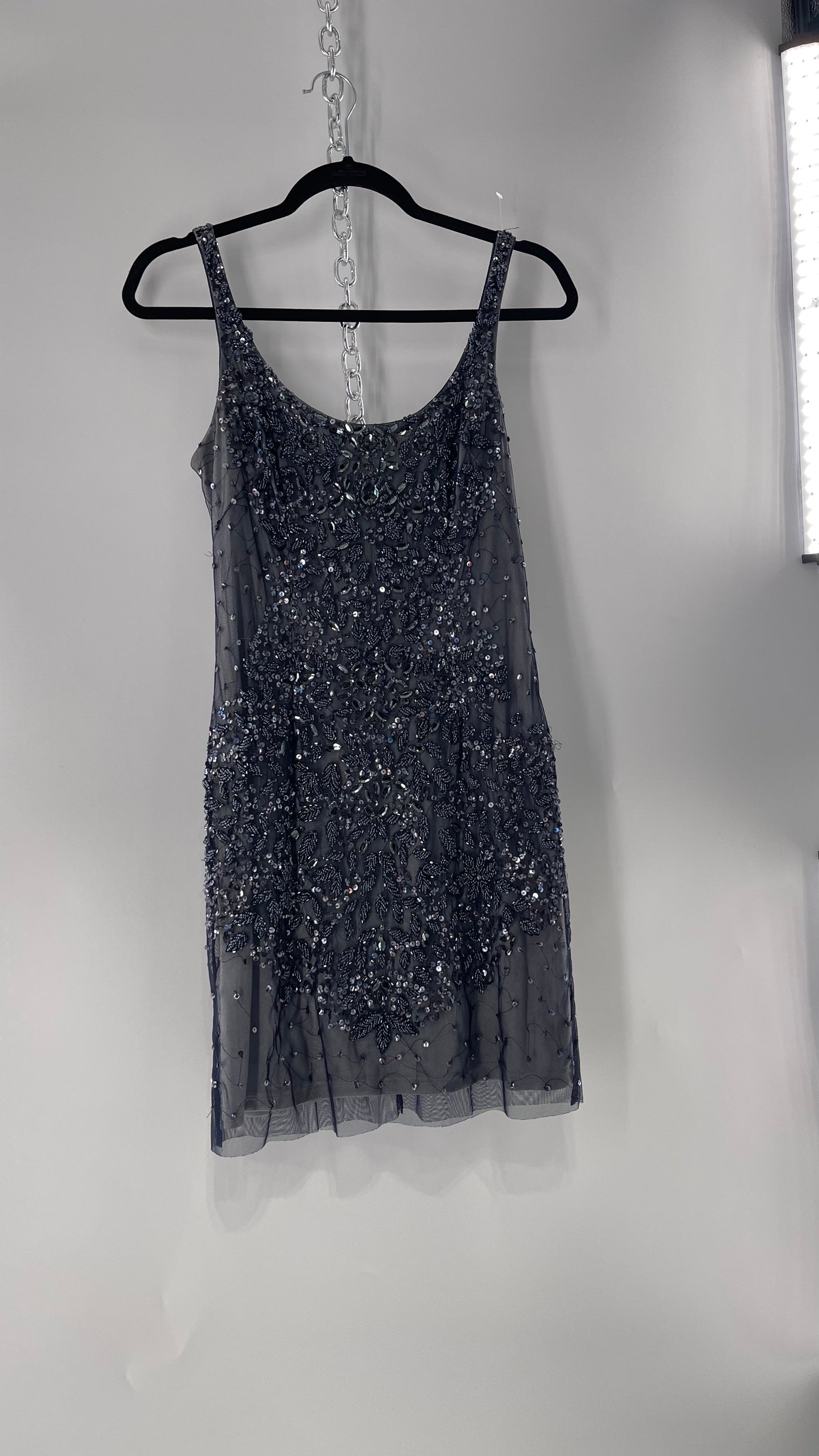 Vintage Cache Moonlight Grey/Navy Blue Tunic Mini Dress with Accentuating Placement of Beads, Sequins and Embroidery Details (2)