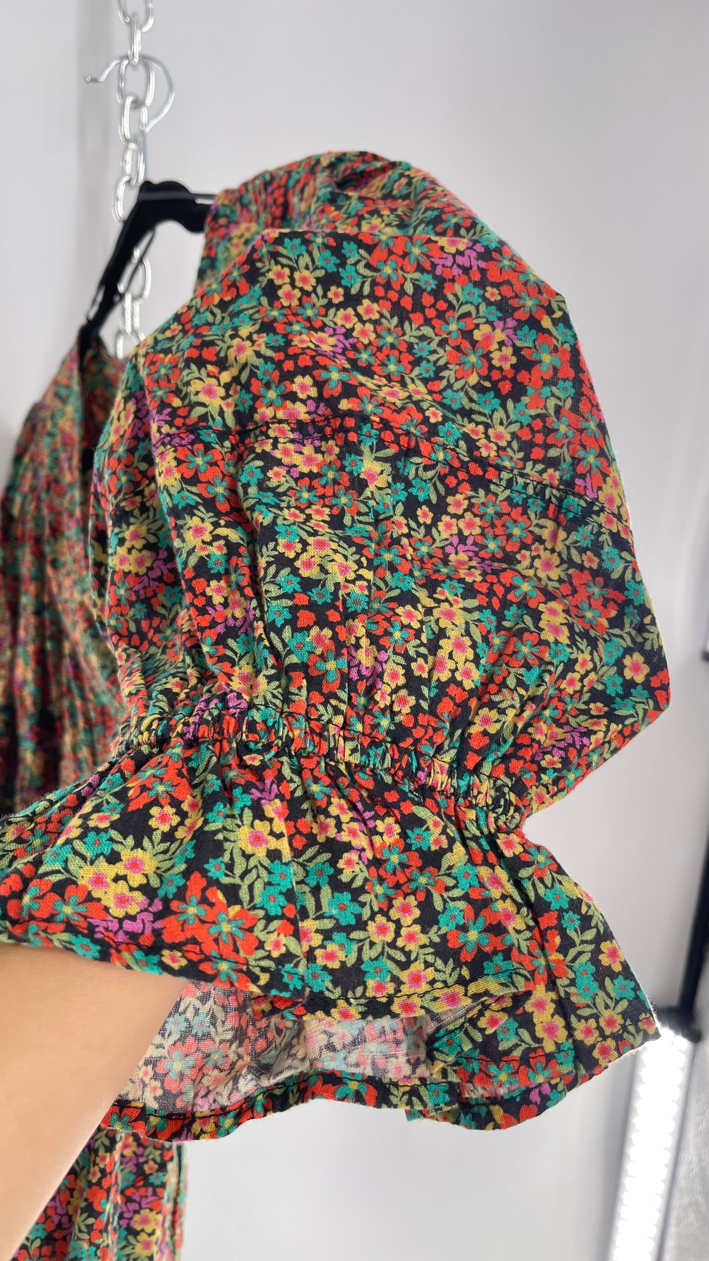 Free People 100% Cotton Colorful Florals Blouse with Deep V, Puff Sleeves, Button Front, and Tags Attached (Small)