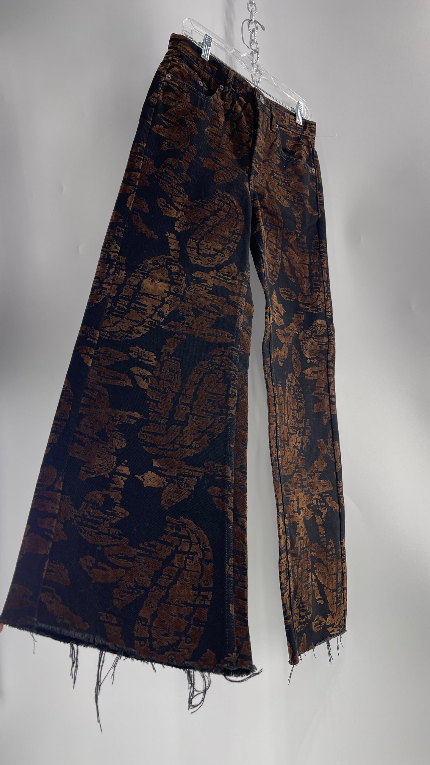 Free People Black/Brown Velvet Texture Graphic Straight Legs with Raw Edge Hem and Tags Attached (28)