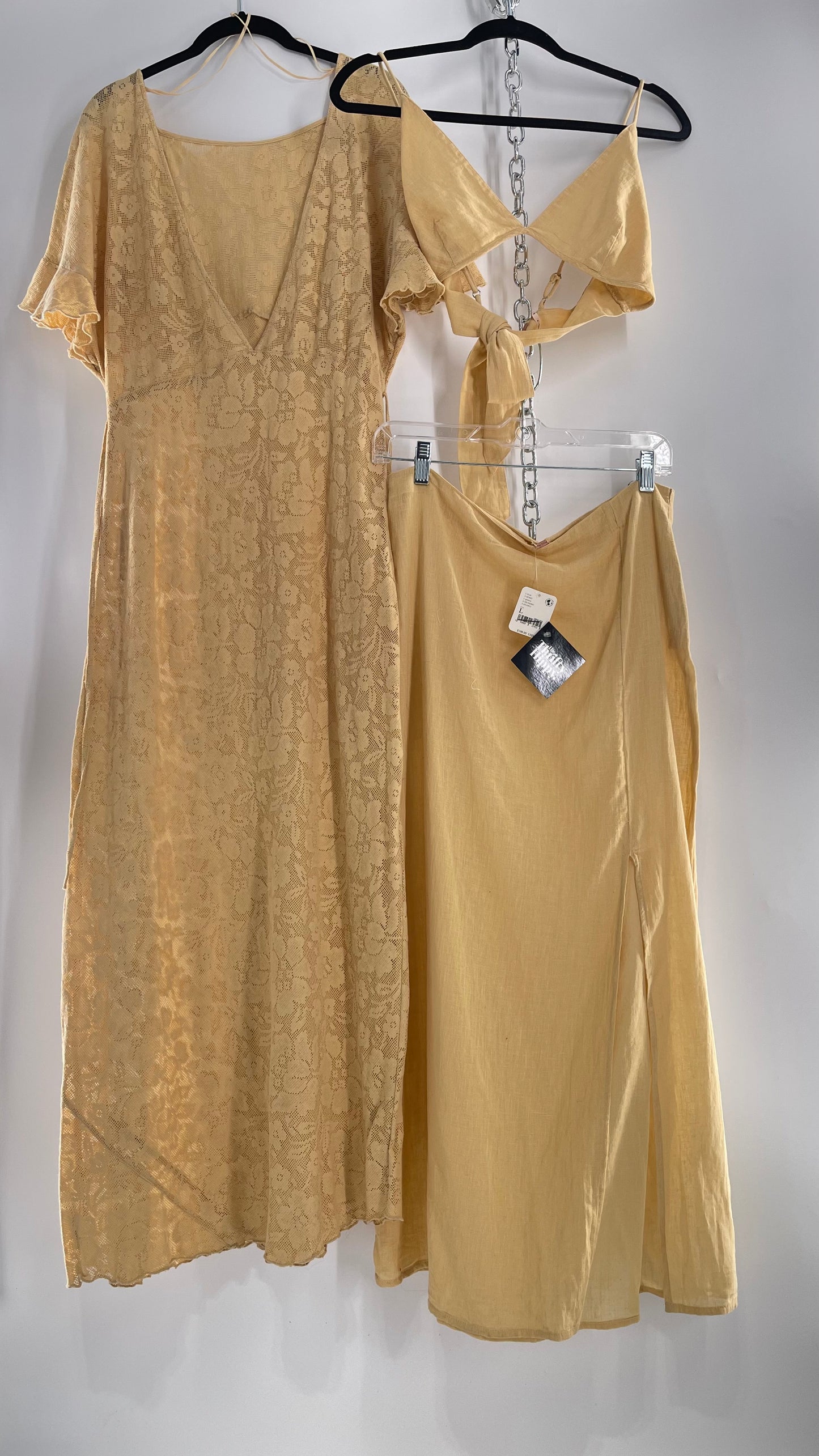 Free People Yellow Lace Gauze Maxi Dress Set with Bralette and Side Grommet Skirt (Large)